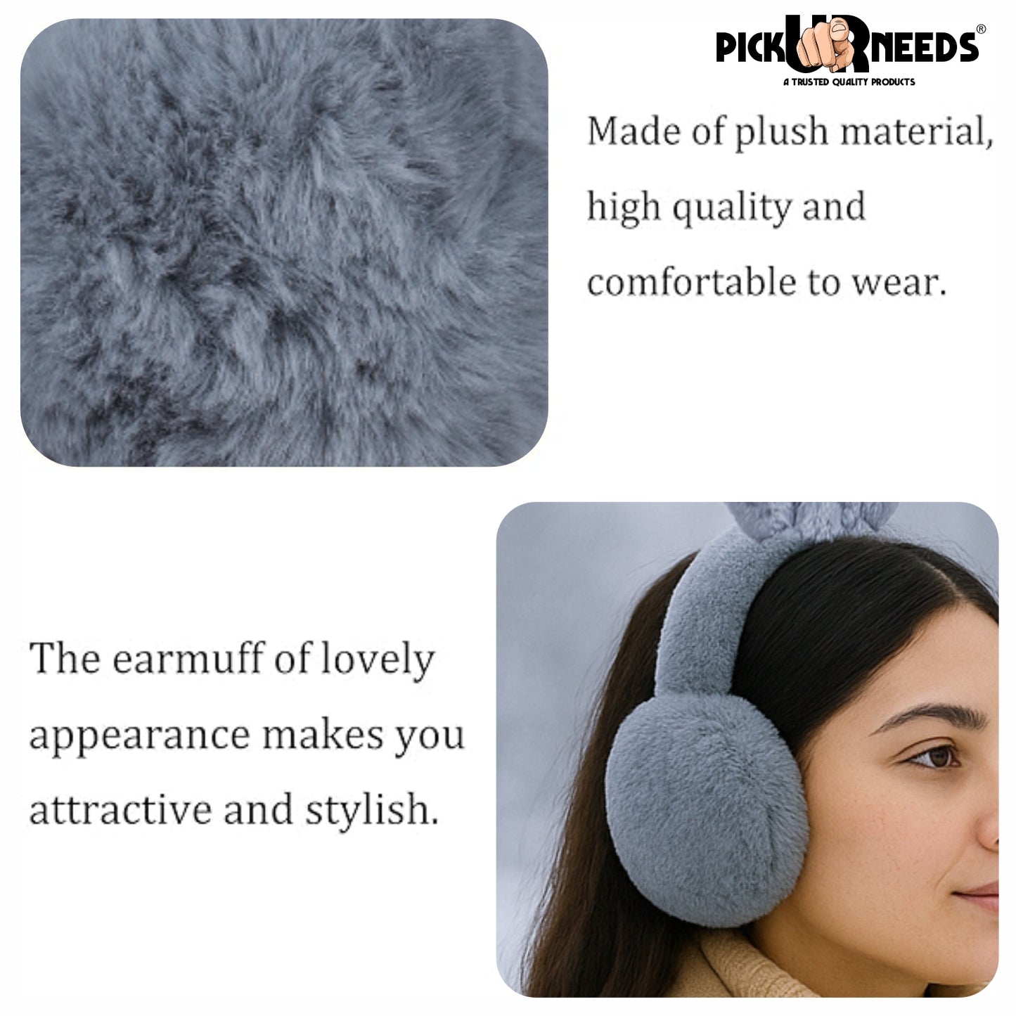 Pick Ur Needs Plush Earmuffs for Women & Girls with Stone Detail – Foldable Ultra-Soft Ear Warmers, Lightweight Winter Ear Muffs, Warm & Comfortable Cold Weather Accessory