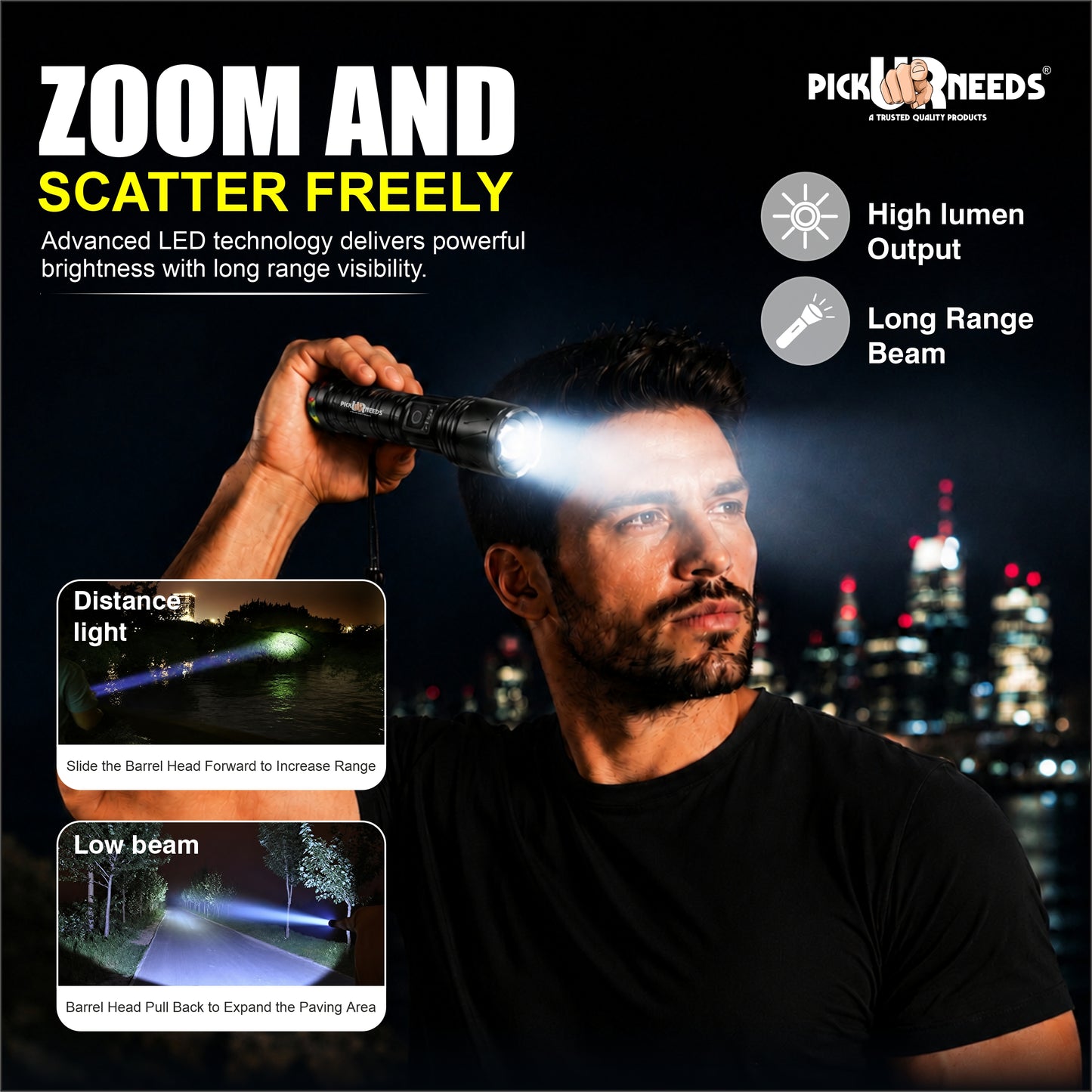 Pick Ur Needs Long Range Rechargeable Metal LED Torch Emgergency Search Zoomable Flashlight with 4000mAh Battery 4 Lighting Modes