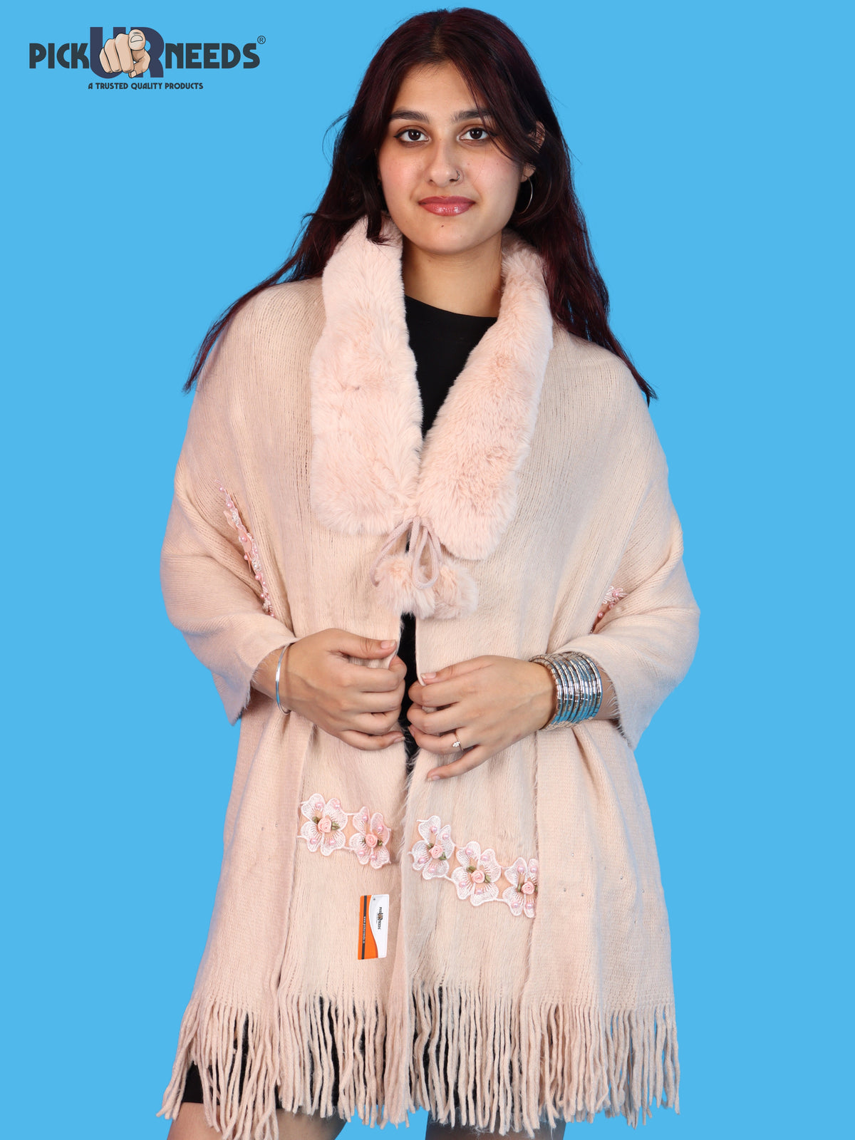 Pick Ur Needs Womens Premium Winter Shawl Shrug with Soft Fur Collar, Floral Embroidery, Pom-Pom Tie & Fringe Detailing Stylish Warm Wrap for Girls