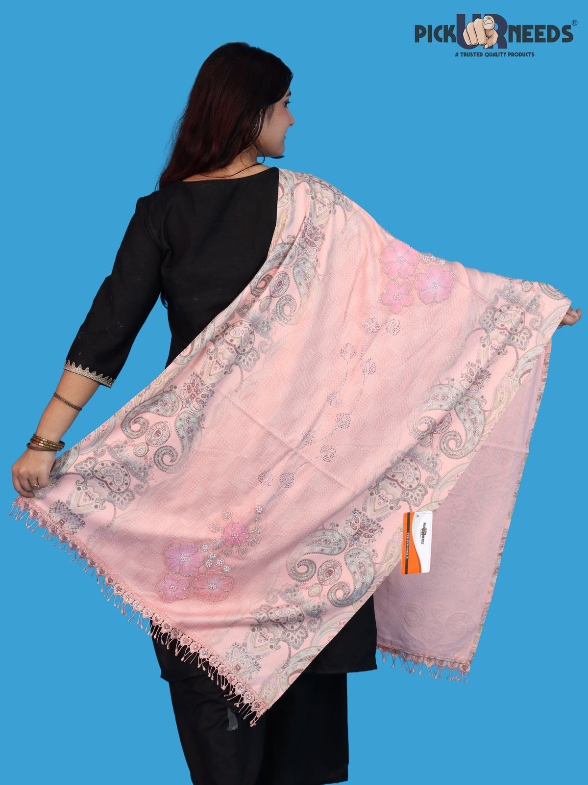 Pick Ur Needs Womens Designer Winter Elegant Floral Embellished Paisley Print Girls Shawl with Decorative Fringe Border