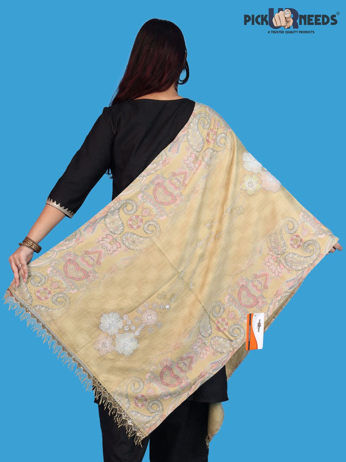 Pick Ur Needs Womens Designer Winter Elegant Floral Embellished Paisley Print Girls Shawl with Decorative Fringe Border
