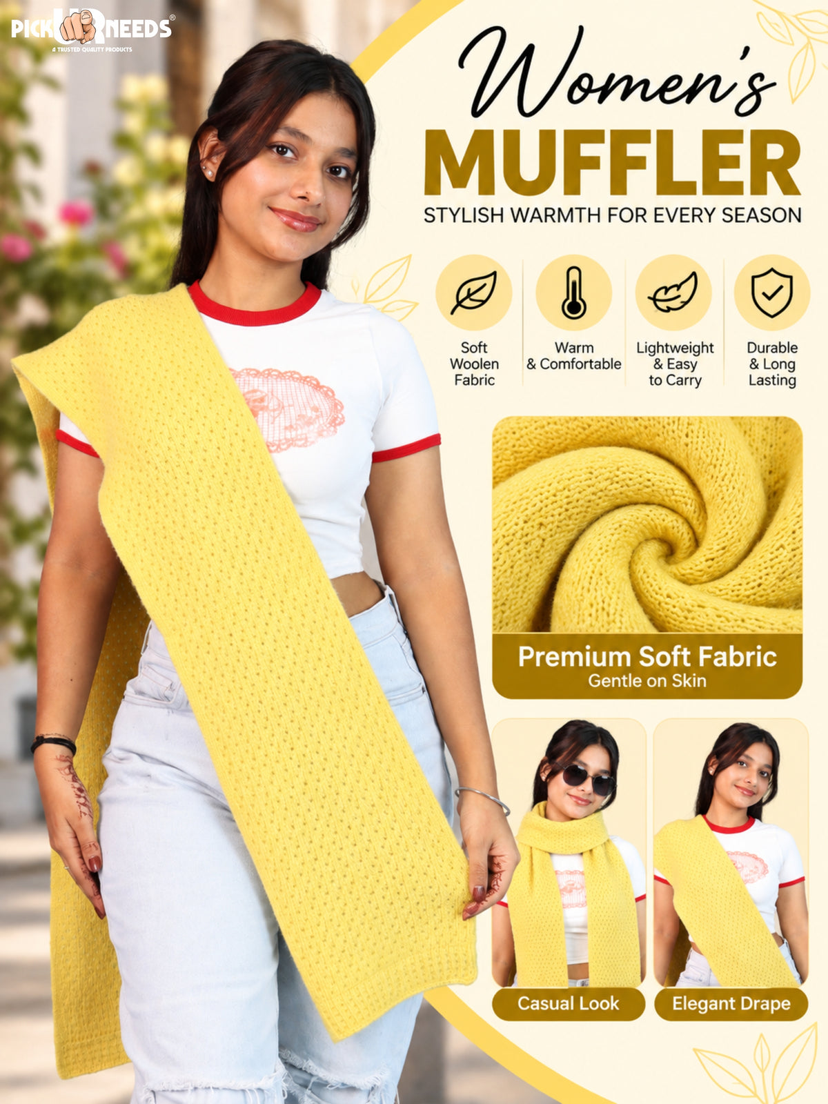 Pick Ur Needs Womens Soft Muffler Scarf, Lightweight Knitted Winter Stole, Warm & Cozy Long Neck Wrap for Women & Girls