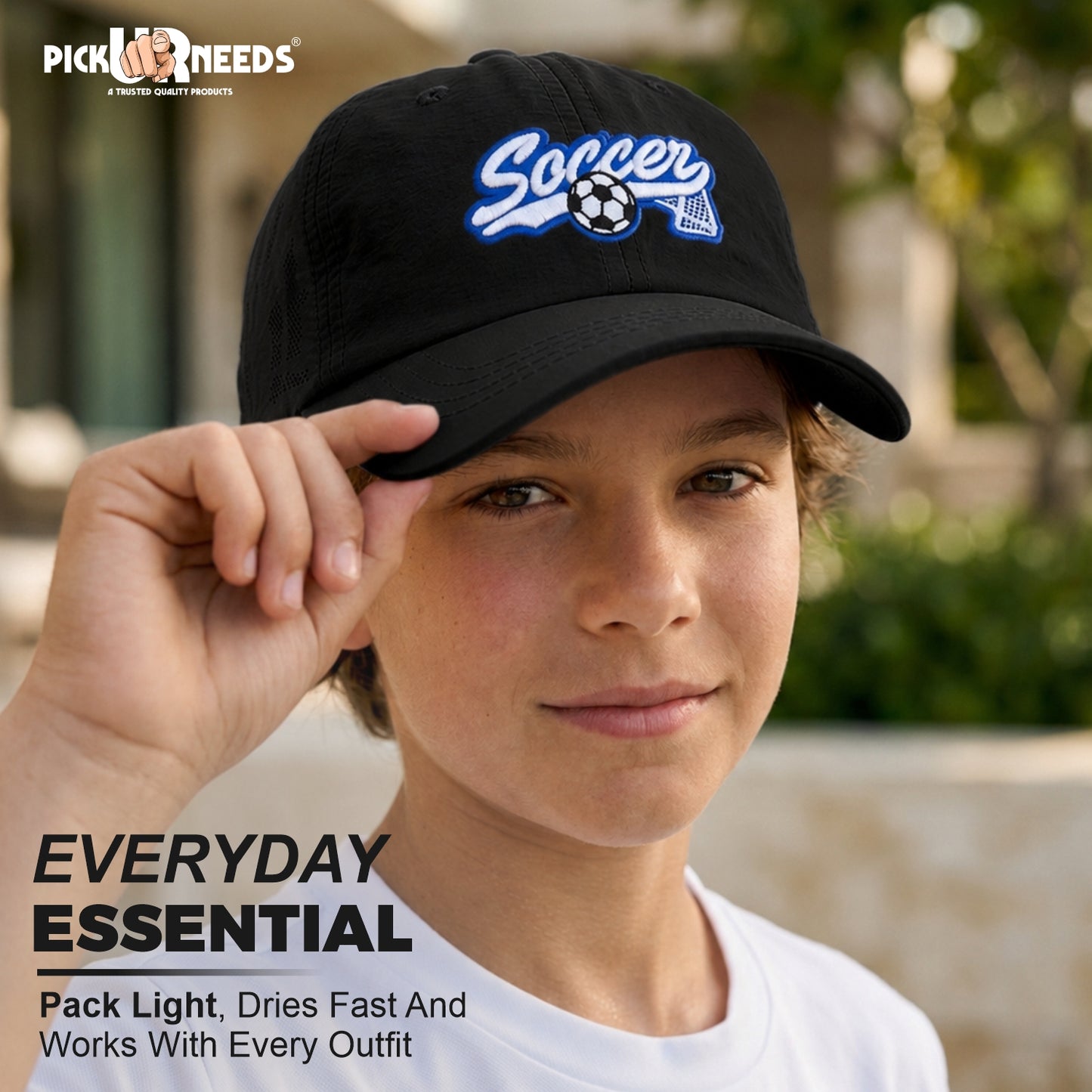 Pick Ur Needs Soccer Embroidered Performance Baseball Cap for Kids & Teens – Breathable Sun Protection Sports Hat, Adjustable Lightweight Soccer Caps
