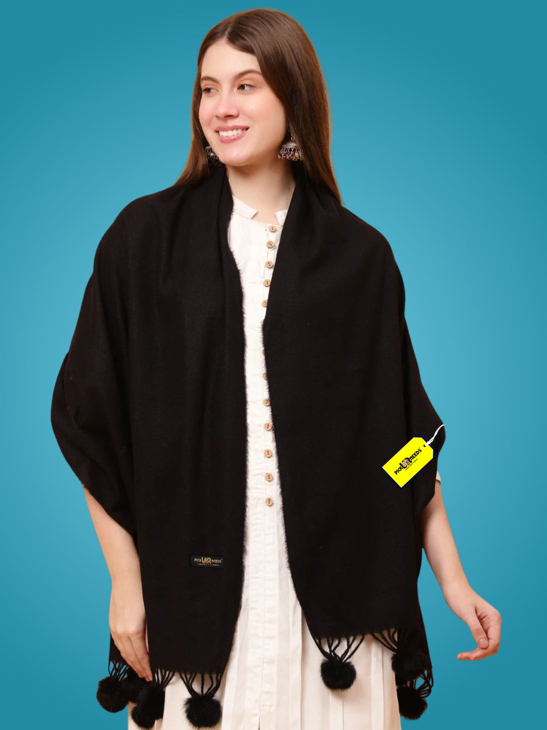 Pick Ur Needs Premium Women’s Wool Blend Scarf Soft Woolen Shawl Winter Stole with Tassels & Pom Poms