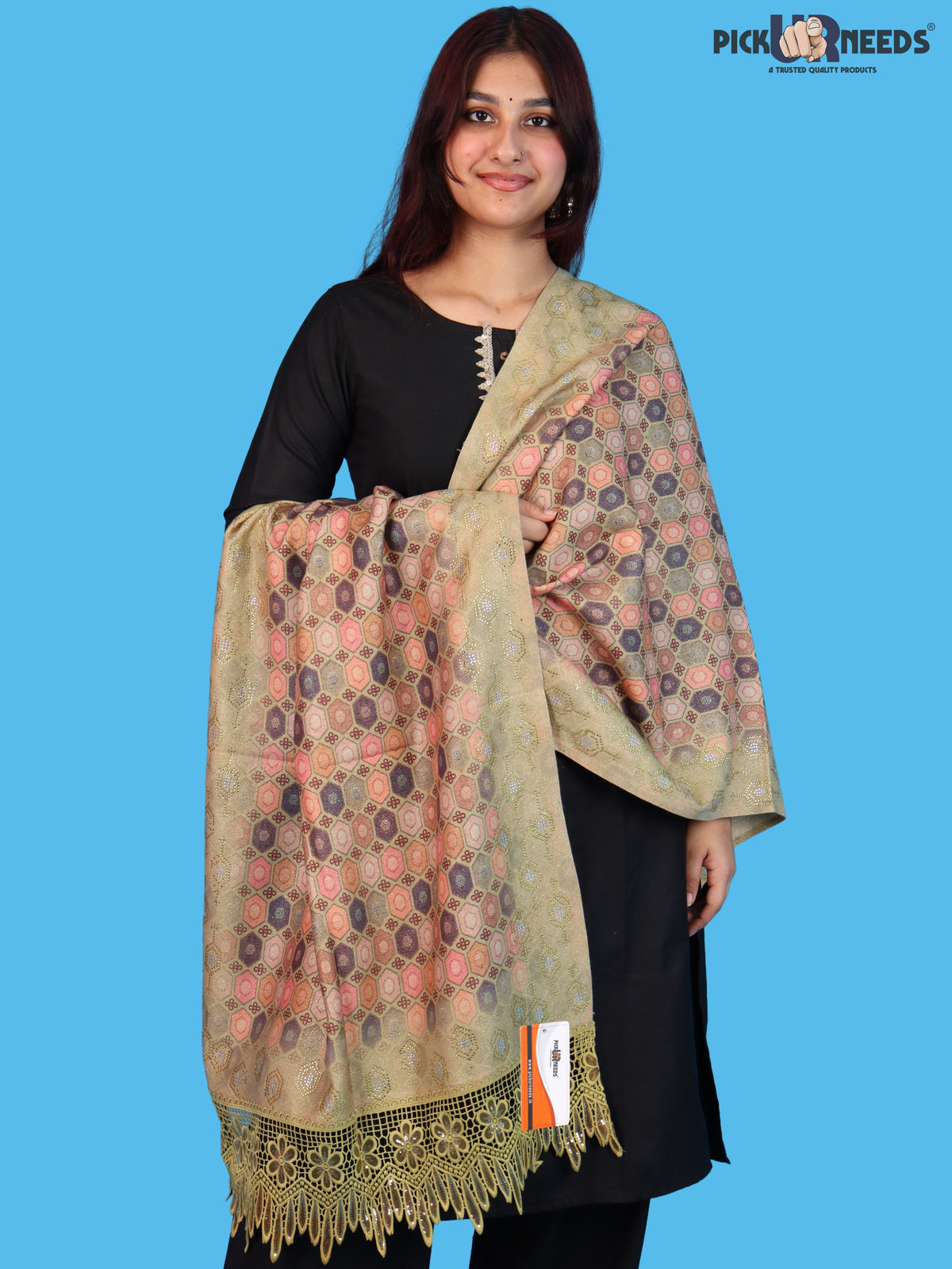 Pick Ur Needs Premium Stylish Womens & Girls Elegant Woolen Shawl Soft Warm Printed Stole with Lace Tassels