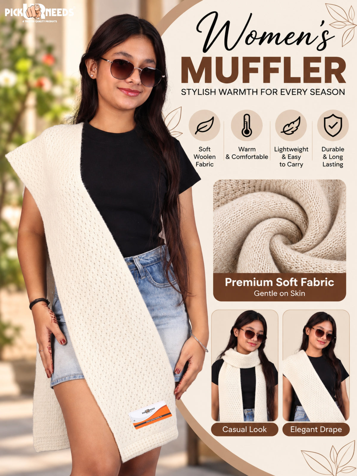 Pick Ur Needs Womens Soft Muffler Scarf, Lightweight Knitted Winter Stole, Warm & Cozy Long Neck Wrap for Women & Girls