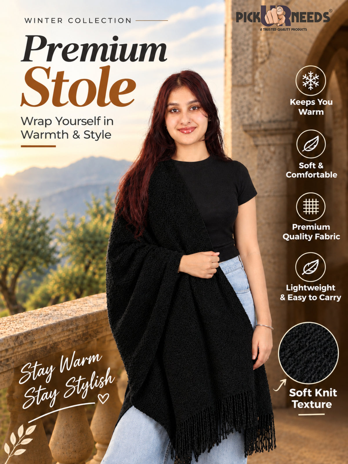 Pick Ur Needs Womens Winter shawl with Soft Plush Texture & Long Fringe Detailing Elegant Wrap for Ladies & Girls Cozy Seasonal Shoulder Cover for Casual, Ethnic & Western Outfits