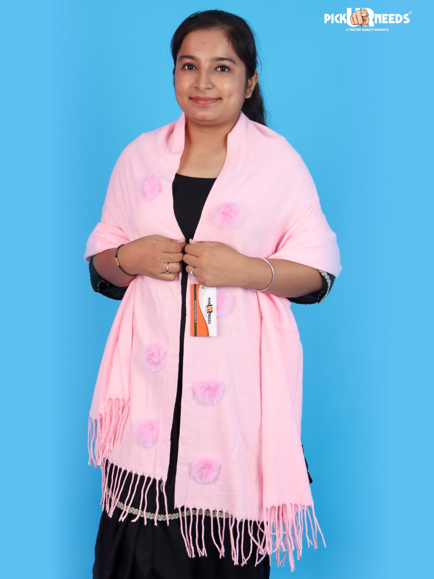 Pick Ur Needs Women Girls Winter Shawl with Pom Pom Detailing & Fringed Edges Lightweight Stole Fashion Wrap