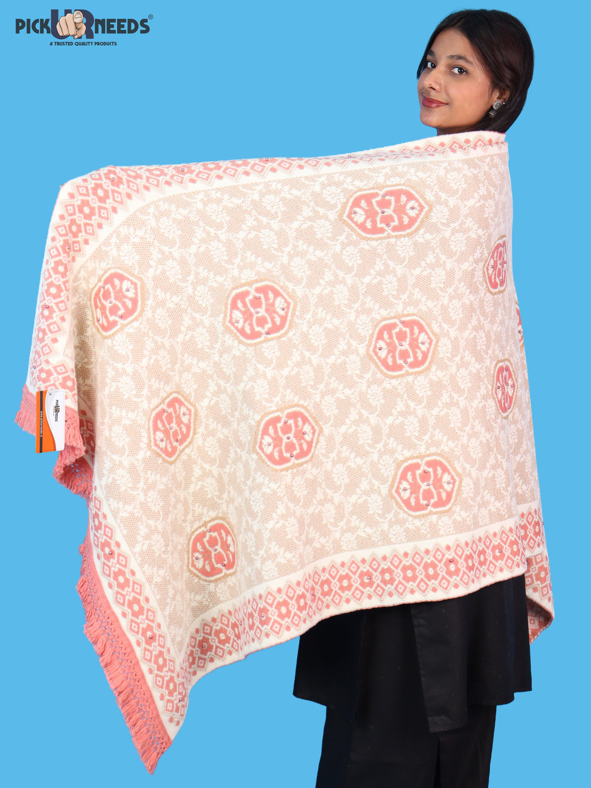 Pick Ur Needs Printed Women’s Woolen Shawl with Elegant Floral Pattern & Fur Border
