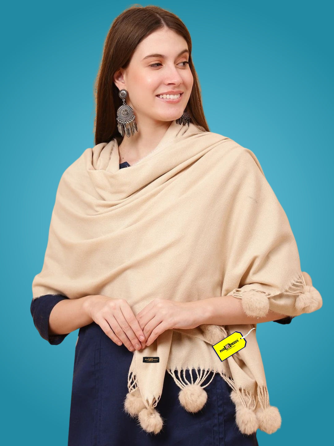 Pick Ur Needs Premium Women’s Wool Blend Scarf Soft Woolen Shawl Winter Stole with Tassels & Pom Poms