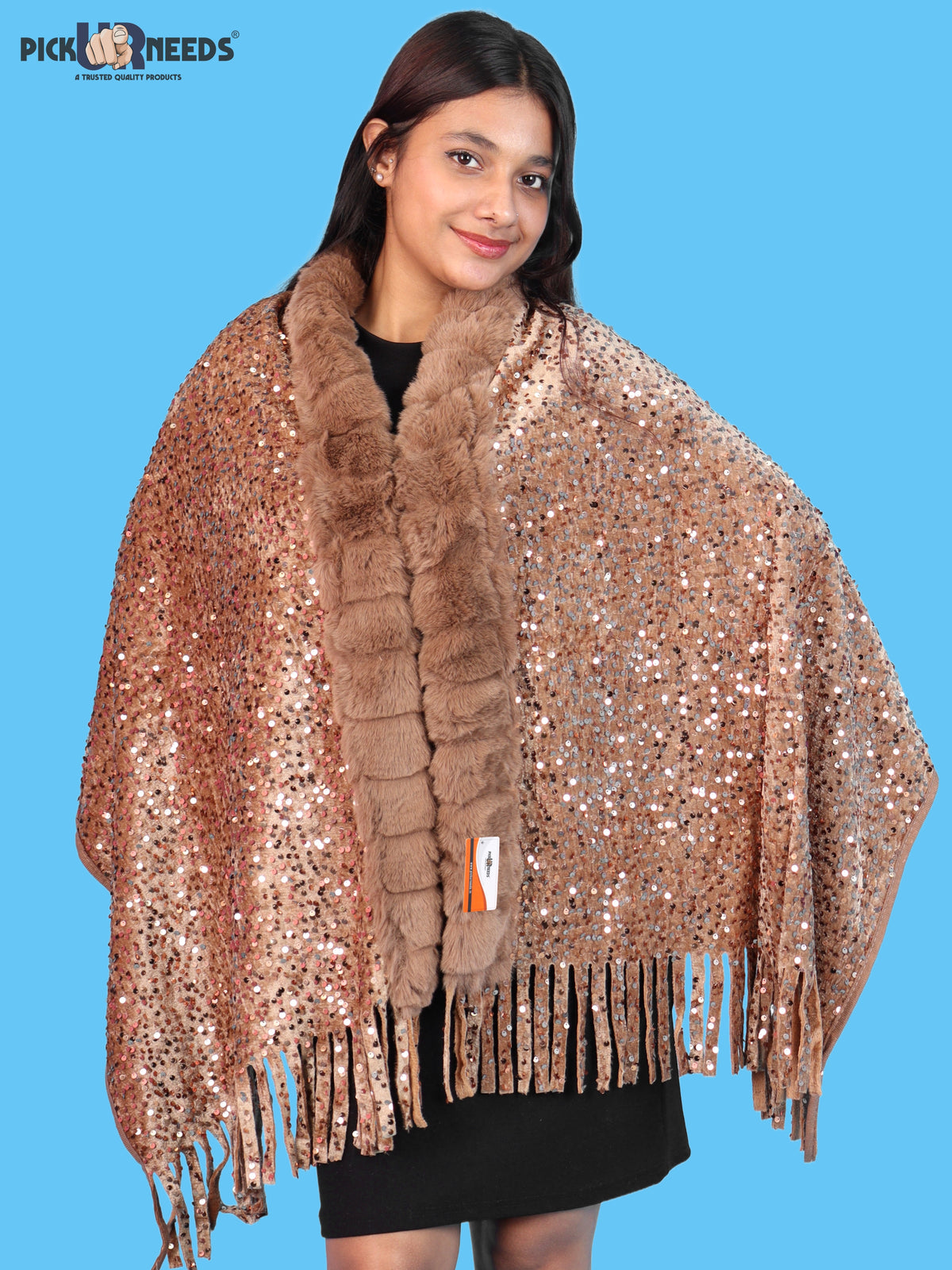 Pick Ur Needs Premium Winter Women Shawl with Shimmering Sequin Work & Soft Fur Border Elegant Warm Designer Shawls with Fringe Tassels for Ladies & Girls