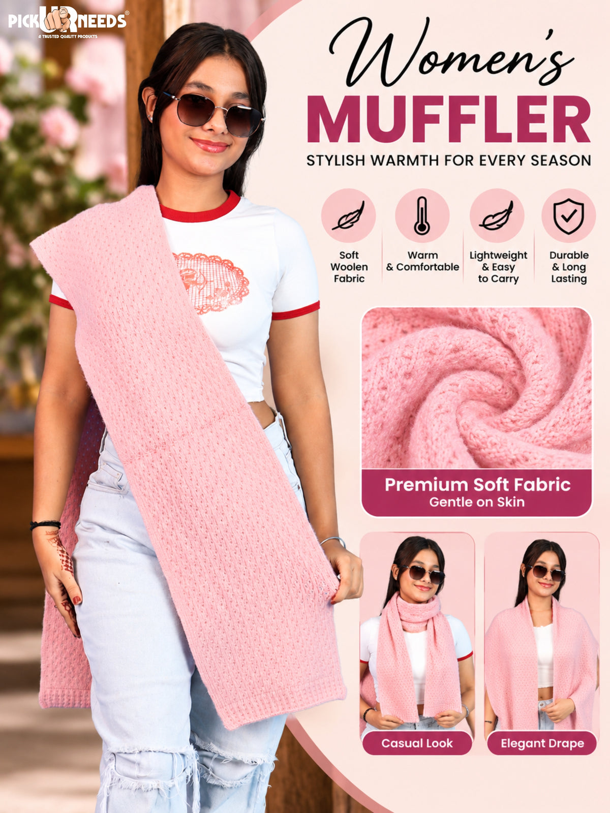 Pick Ur Needs Womens Soft Muffler Scarf, Lightweight Knitted Winter Stole, Warm & Cozy Long Neck Wrap for Women & Girls