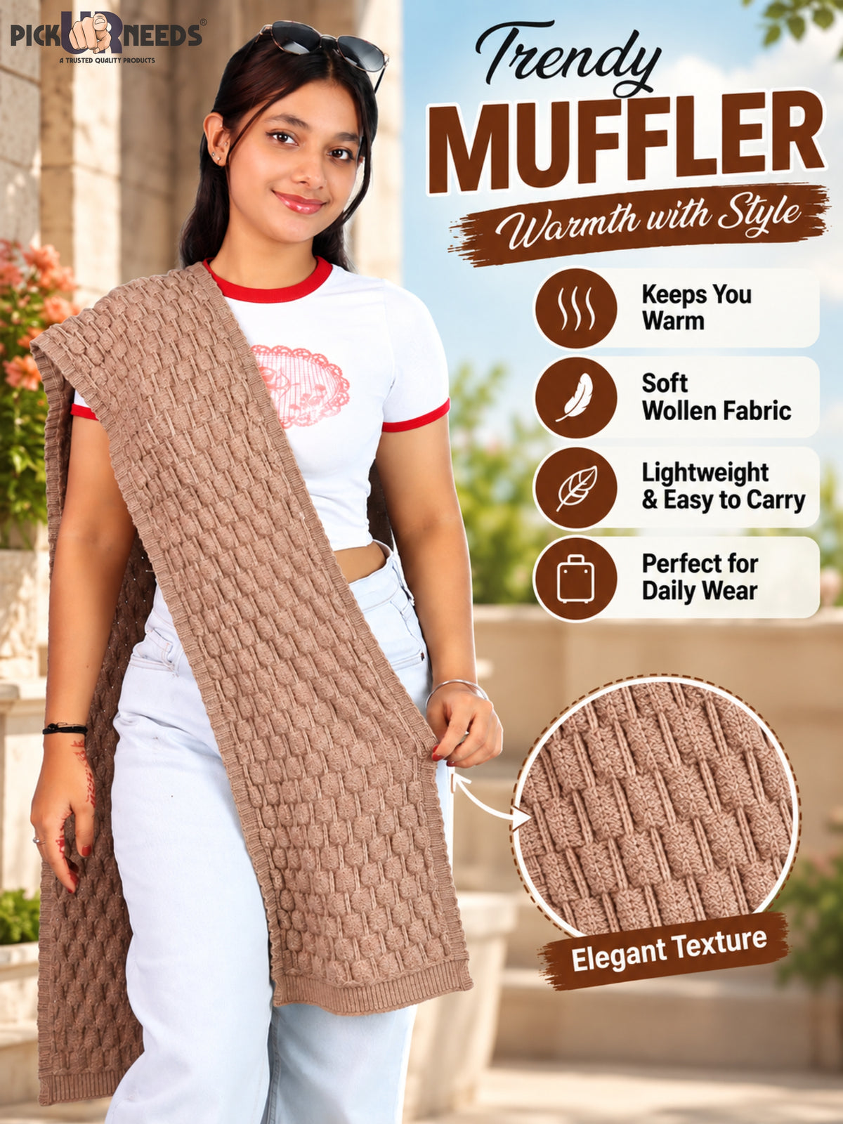 Pick Ur Needs Women and Girls Knitted Winter Muffler, Textured Woollen Scarf with Elegant Woven Pattern, Soft Warm Lightweight Neck Wrap