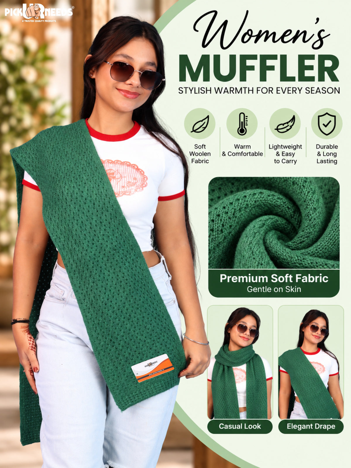 Pick Ur Needs Womens Soft Muffler Scarf, Lightweight Knitted Winter Stole, Warm & Cozy Long Neck Wrap for Women & Girls
