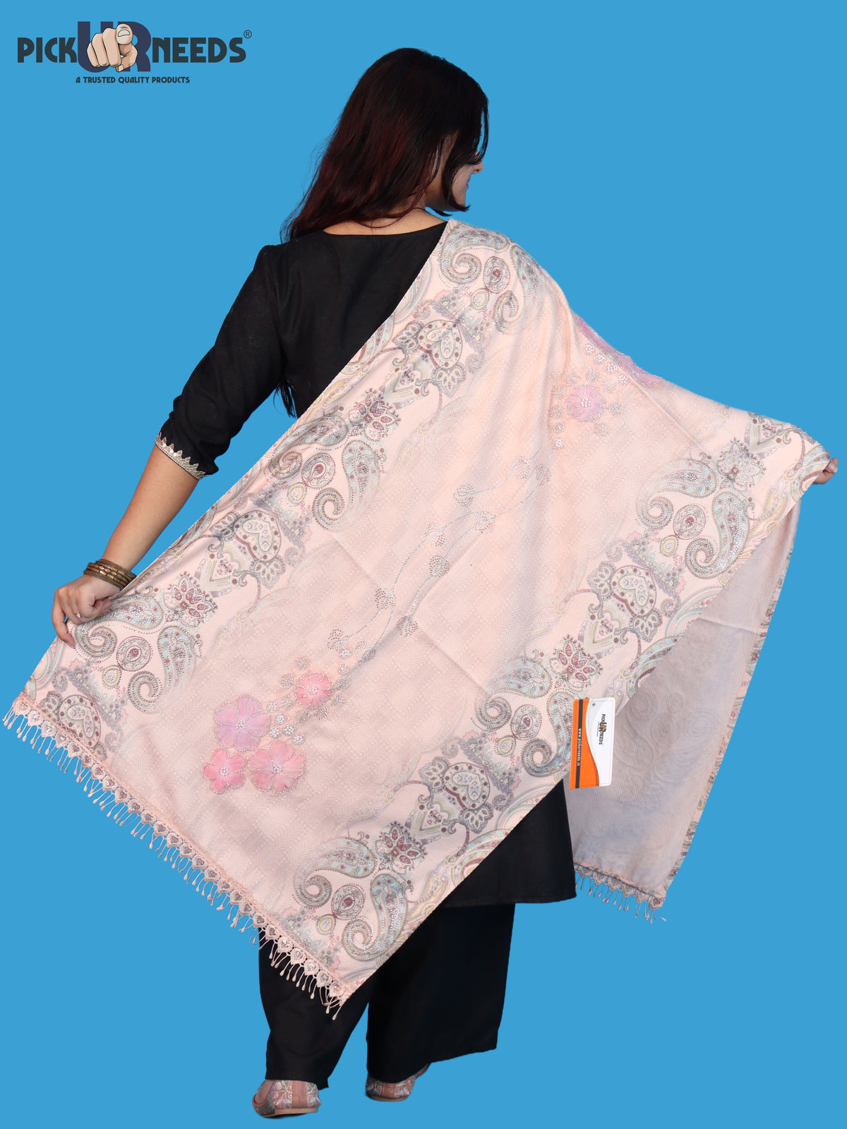 Pick Ur Needs Womens Designer Winter Elegant Floral Embellished Paisley Print Girls Shawl with Decorative Fringe Border