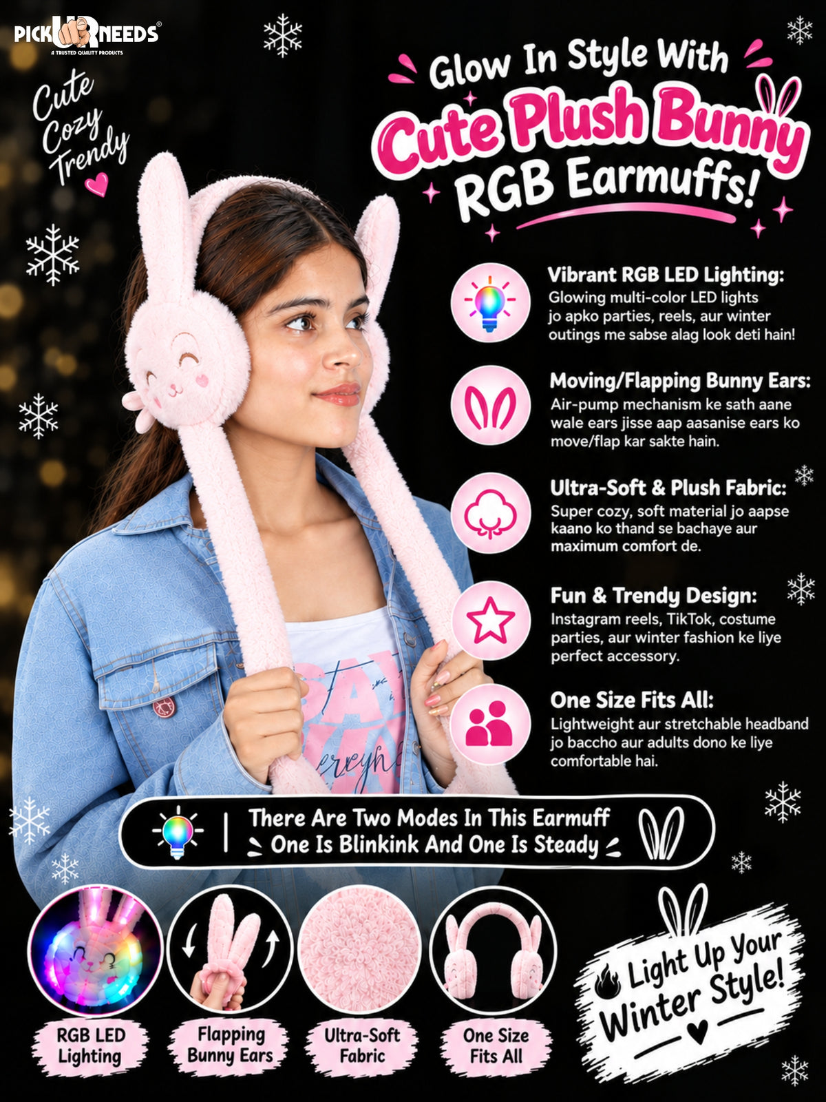 Pick Ur Needs Plush Bunny Cute Earmuffs for Girls & Women with RGB LED Lights,Ultra Soft Warm Winter Moving Flapping Ears Muffs