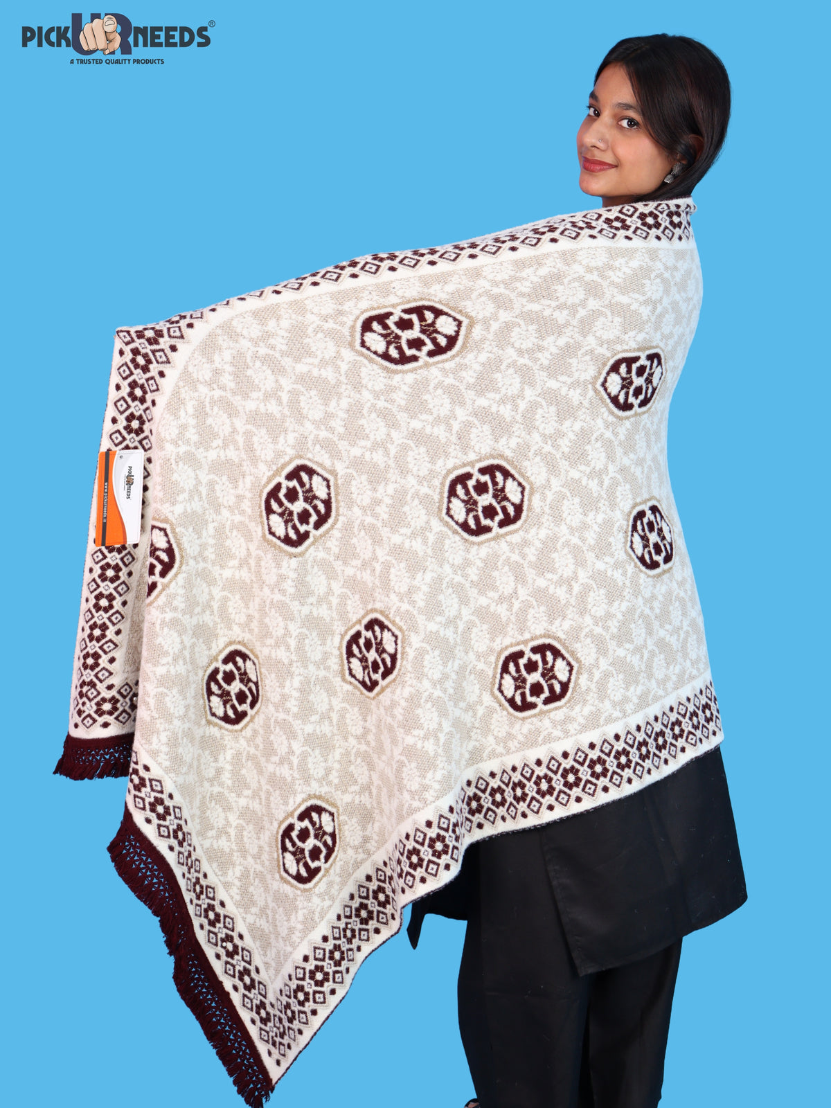 Pick Ur Needs Printed Women’s Woolen Shawl with Elegant Floral Pattern & Fur Border