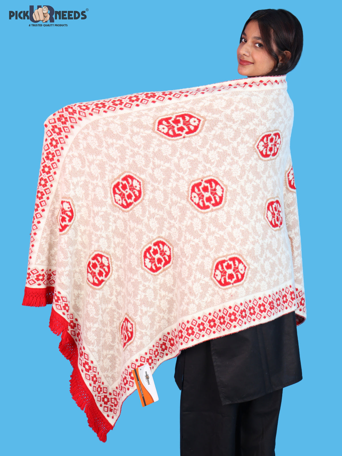 Pick Ur Needs Printed Women’s Woolen Shawl with Elegant Floral Pattern & Fur Border