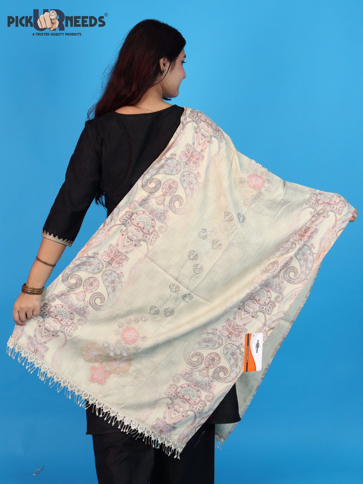 Pick Ur Needs Womens Designer Winter Elegant Floral Embellished Paisley Print Girls Shawl with Decorative Fringe Border