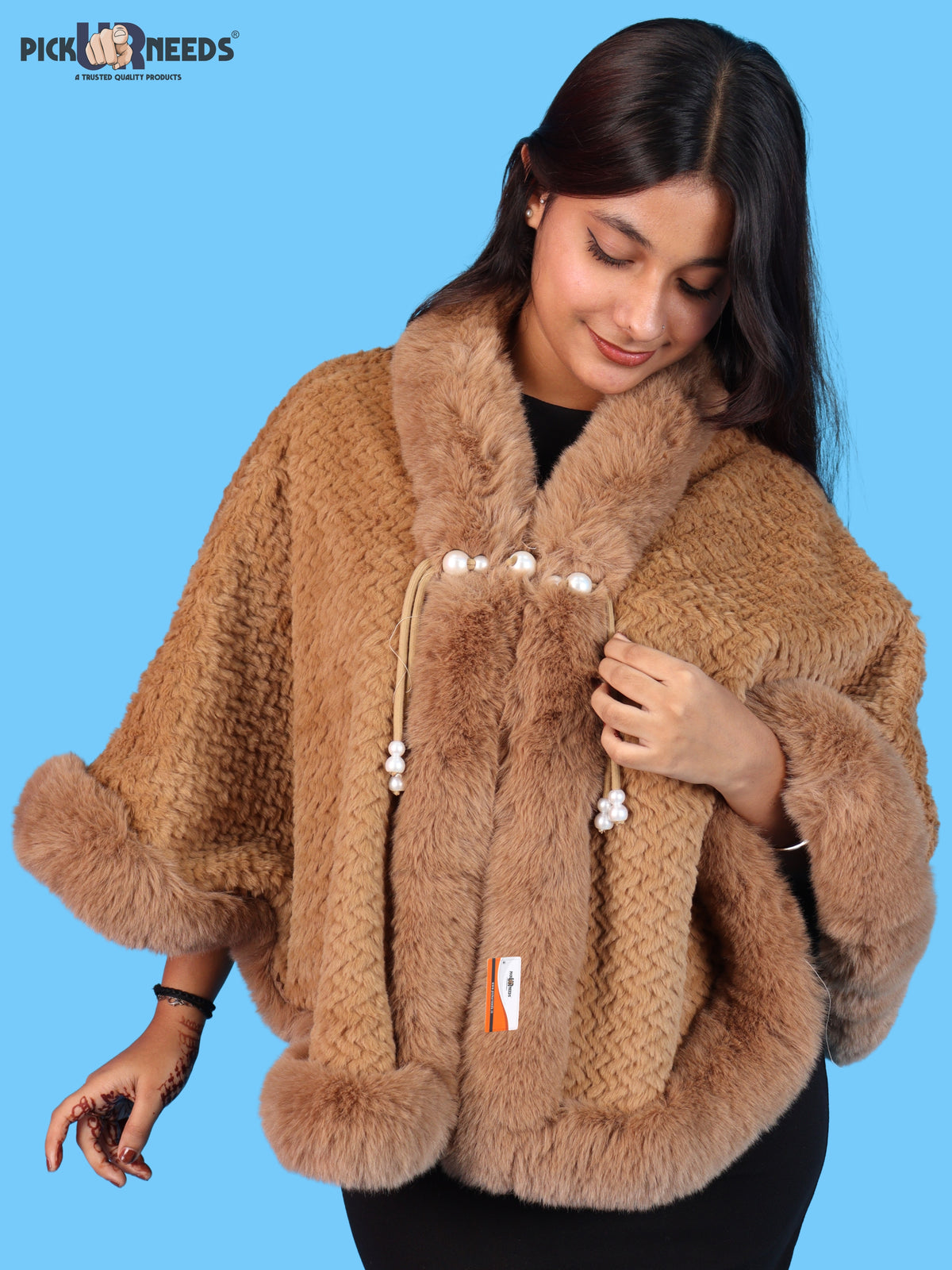 Pick Ur Needs Ladies Winter Shrug with Plush Fur Style Border & Pearl Bead Accents Textured Soft Fabric Open Front Cape Poncho with Wide Sleeves for Girls & Women