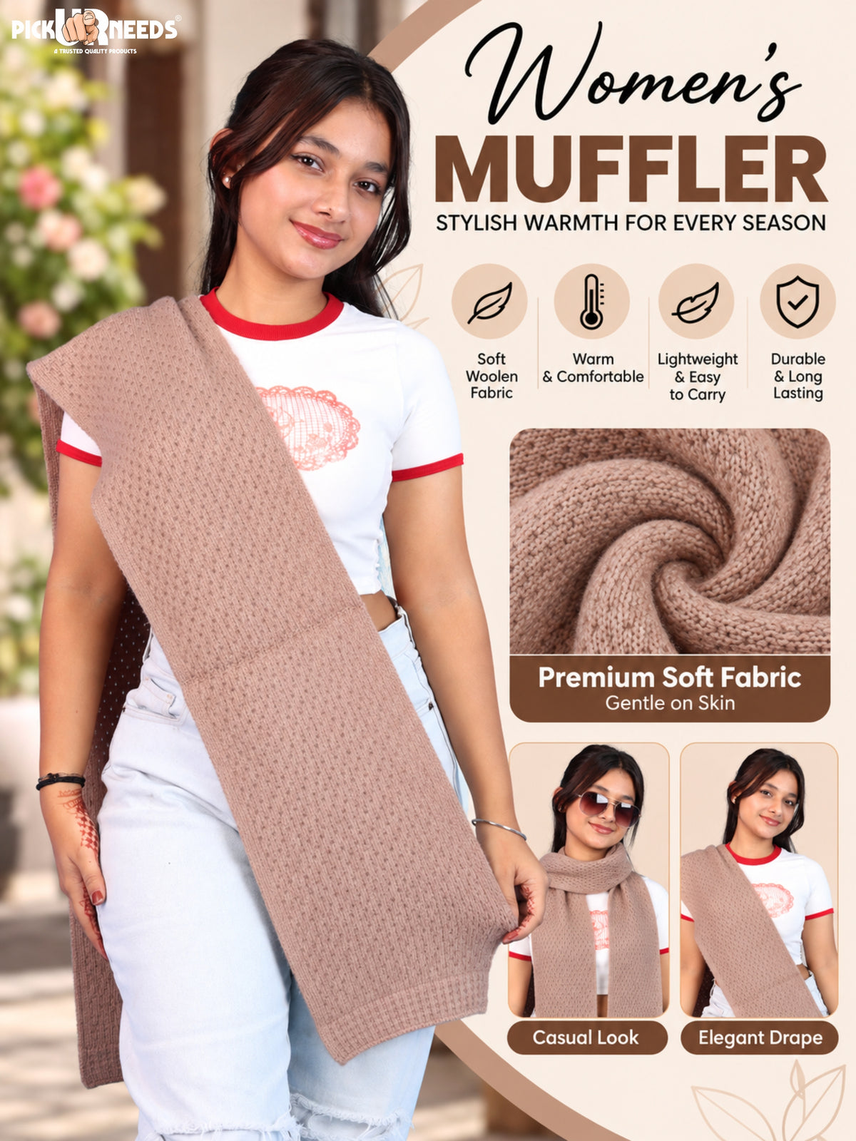 Pick Ur Needs Womens Soft Muffler Scarf, Lightweight Knitted Winter Stole, Warm & Cozy Long Neck Wrap for Women & Girls