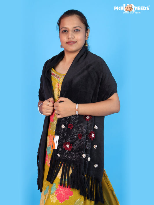 Pick Ur Needs Girls Embroidered Shawl Stylish Floral Embellished Winter Stole with Decorative Fringe Tassels Elegant Shoulder Wrap for Women