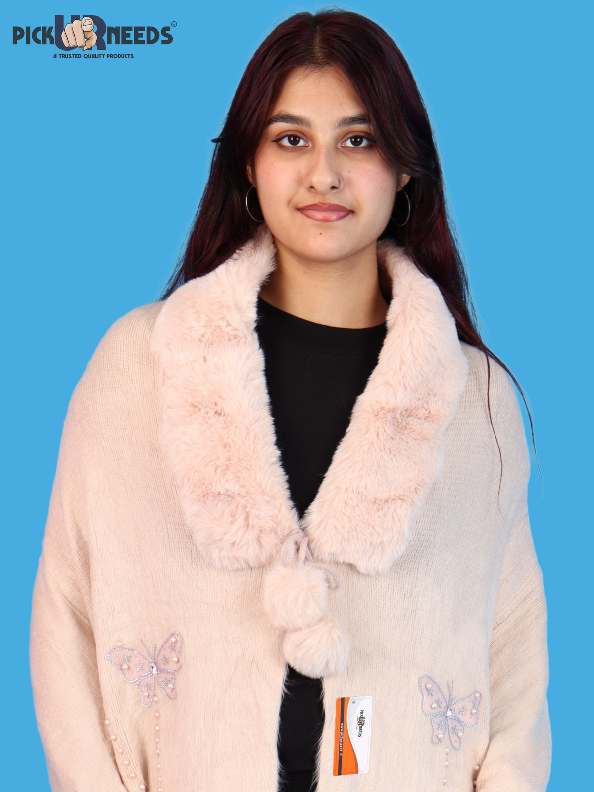 Pick Ur Needs Womens Faux Fur Collar Shrug with Pom Pom Tie Shawl Elegant Fringed Winter Wrap for Women & Girls