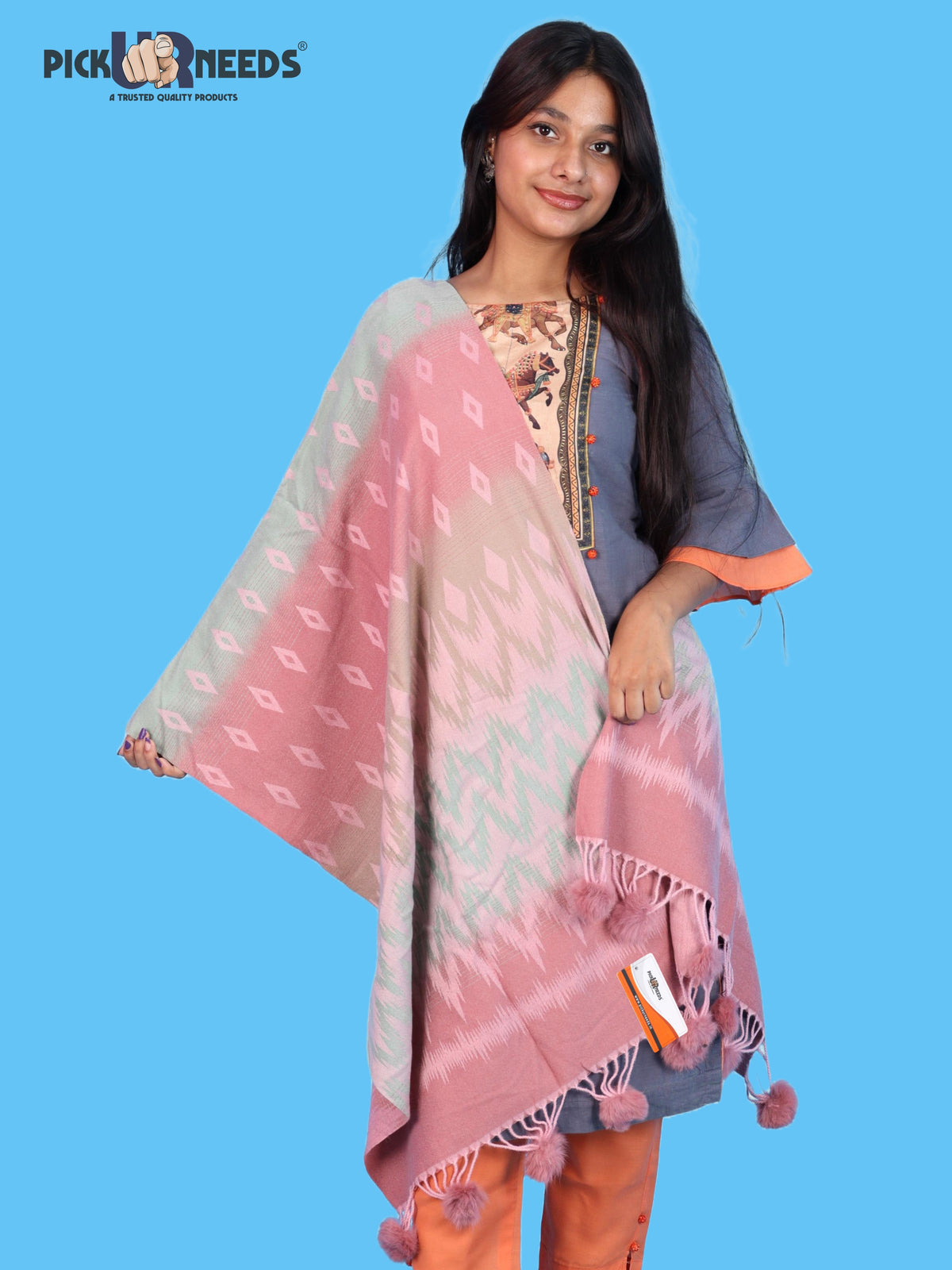 Pick Ur Needs Women Winter Shawl Soft Warm Geometric Printed Woolen Style Stole with Pom Pom Tassels Stylish Long Wrap Muffler for Women & Girls