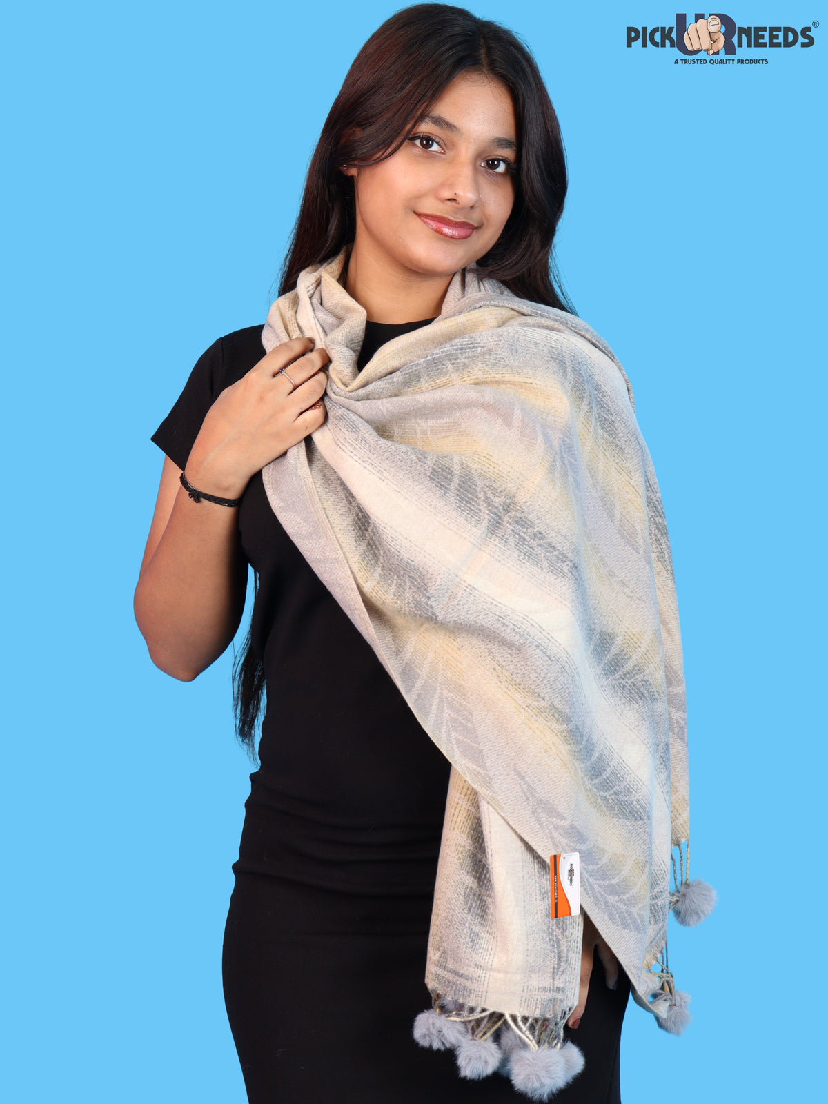 Pick Ur Needs Womens Designer Woolen Shawl & Stole with Elegant Leaf Pattern and Pom Pom Tassels, Winter Soft Warm Lightweight Winter Wrap