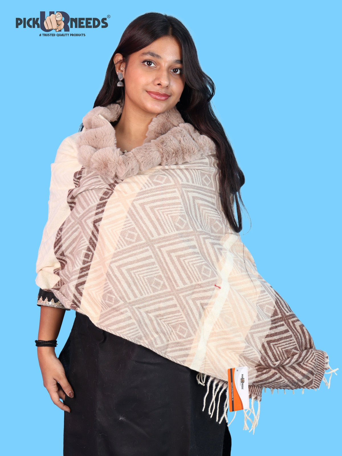 Pick Ur Needs Elegant Winter Soft & Warm Woolen Shawl with Faux Fur Border Multi Color Pattern Scarf