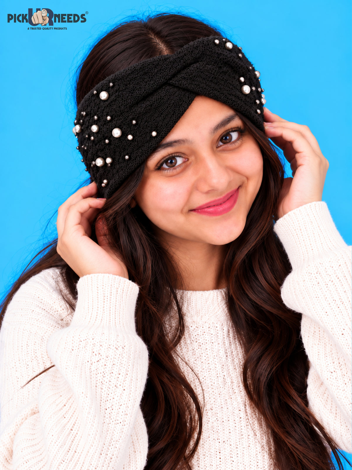 Pick Ur Needs Winter Ear Warmer Kanpatti Soft Woolen Headband with Elegant Pearl Design Warm Stretchable For Womens & Girls