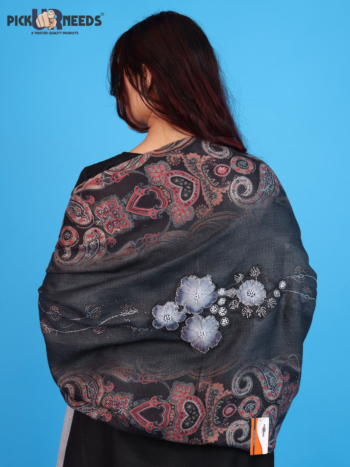 Pick Ur Needs Womens Designer Winter Elegant Floral Embellished Paisley Print Girls Shawl with Decorative Fringe Border