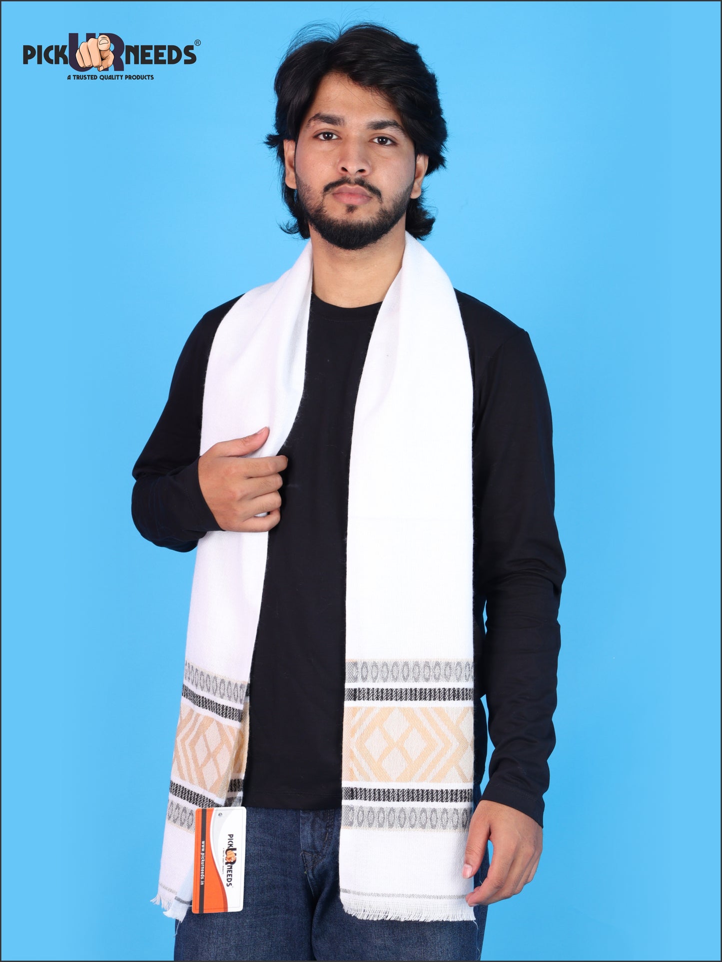 Pick Ur Needs Kullu Muffler for Men & Boys Traditional Woolen Winter Scarf with Elegant Woven Pattern & Fringed Ends Soft Warm Stole for Men