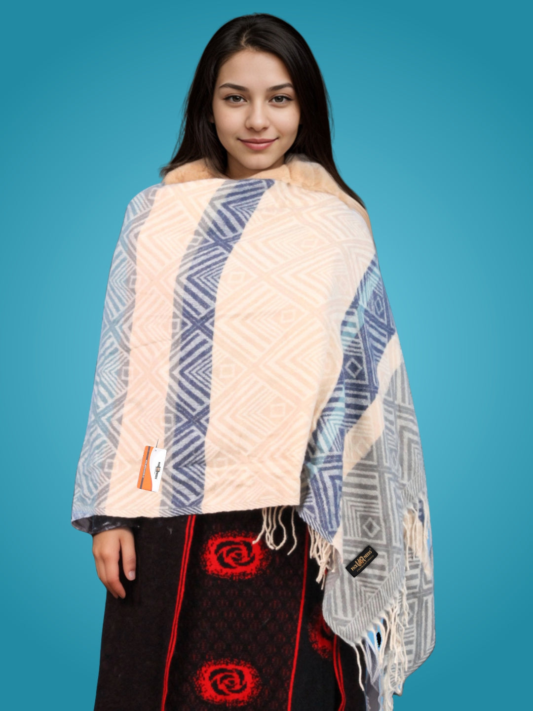 Pick Ur Needs Women's Winter Geometric Printed Faux Fur Border Shawl with Tassels  Soft Warm Wrap Stole for Casual, Party & Travel