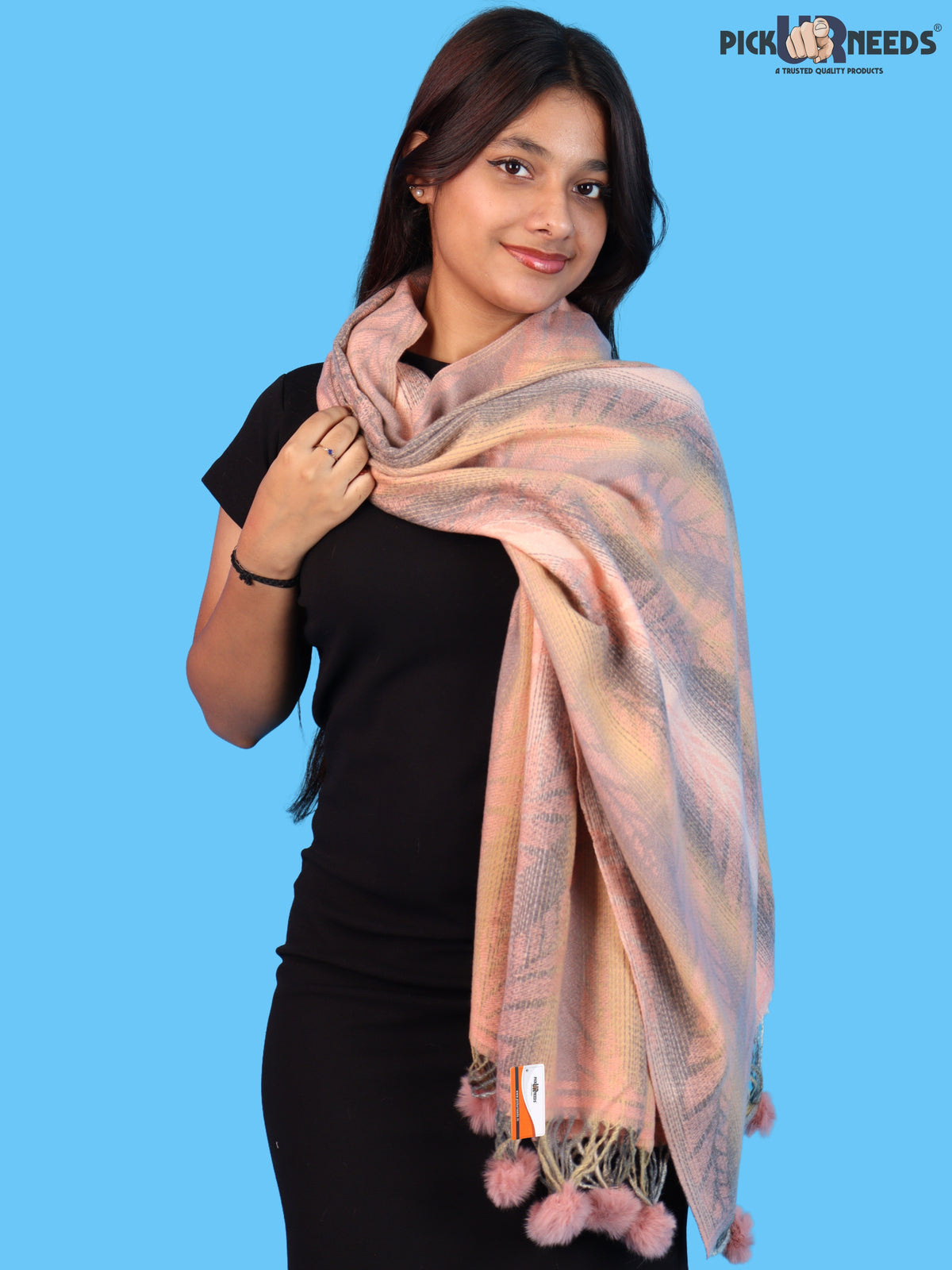 Pick Ur Needs Womens Designer Woolen Shawl & Stole with Elegant Leaf Pattern and Pom Pom Tassels, Winter Soft Warm Lightweight Winter Wrap