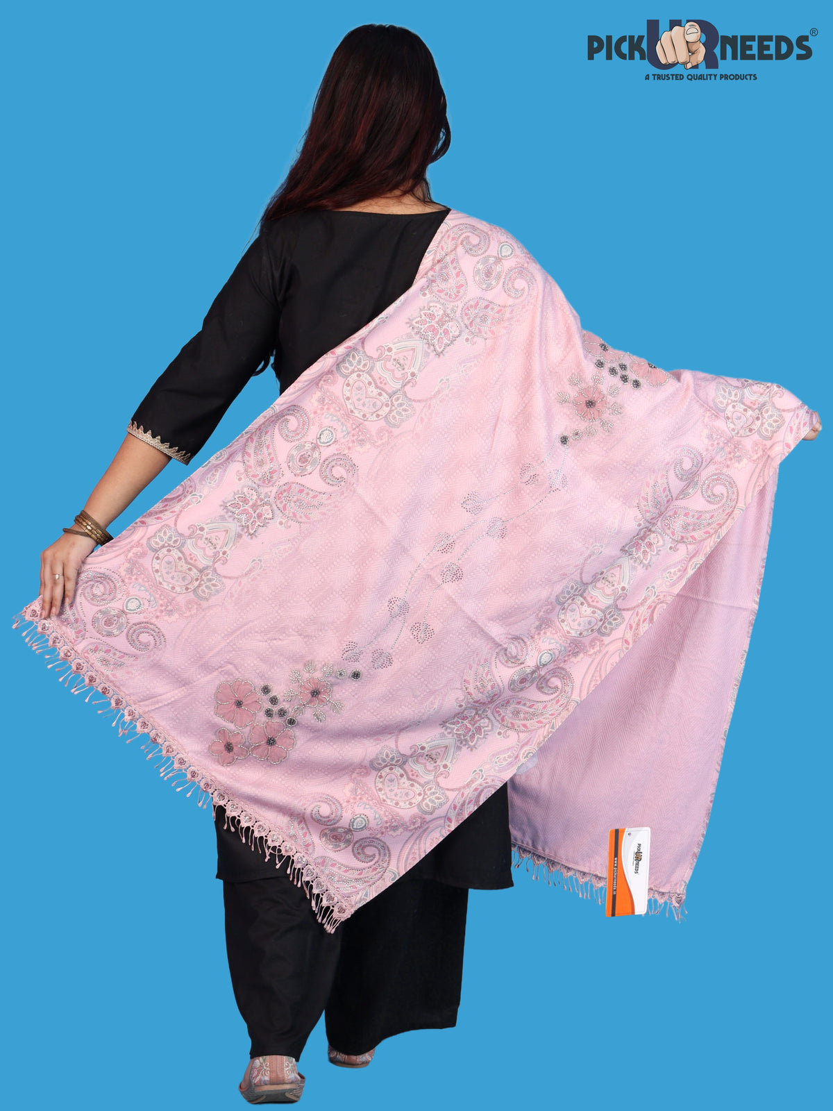 Pick Ur Needs Womens Designer Winter Elegant Floral Embellished Paisley Print Girls Shawl with Decorative Fringe Border