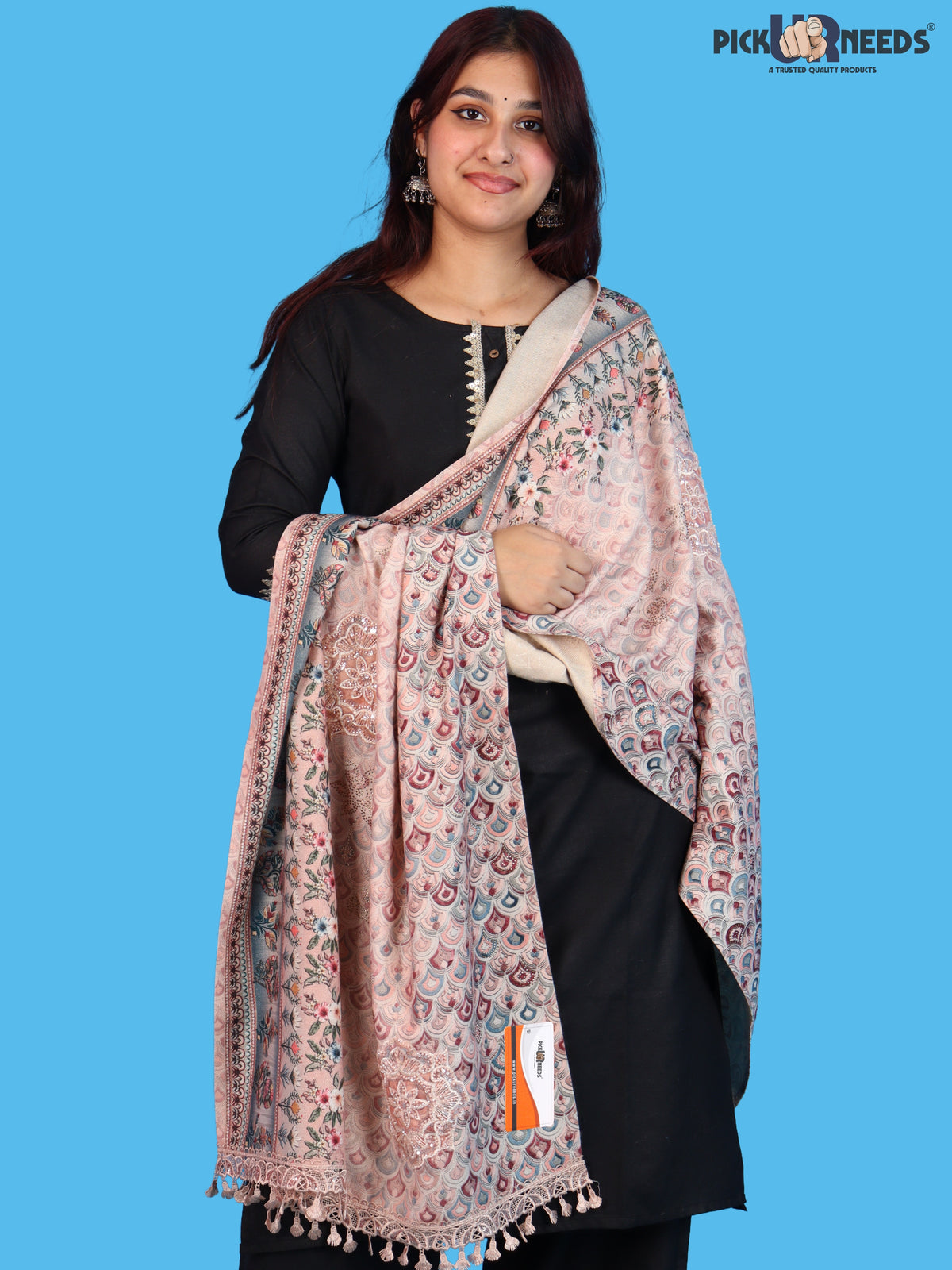 Pick Ur Needs Premium Stylish Womens & Girls Elegant Woolen Shawl Soft Warm Printed Stole with Lace Tassels