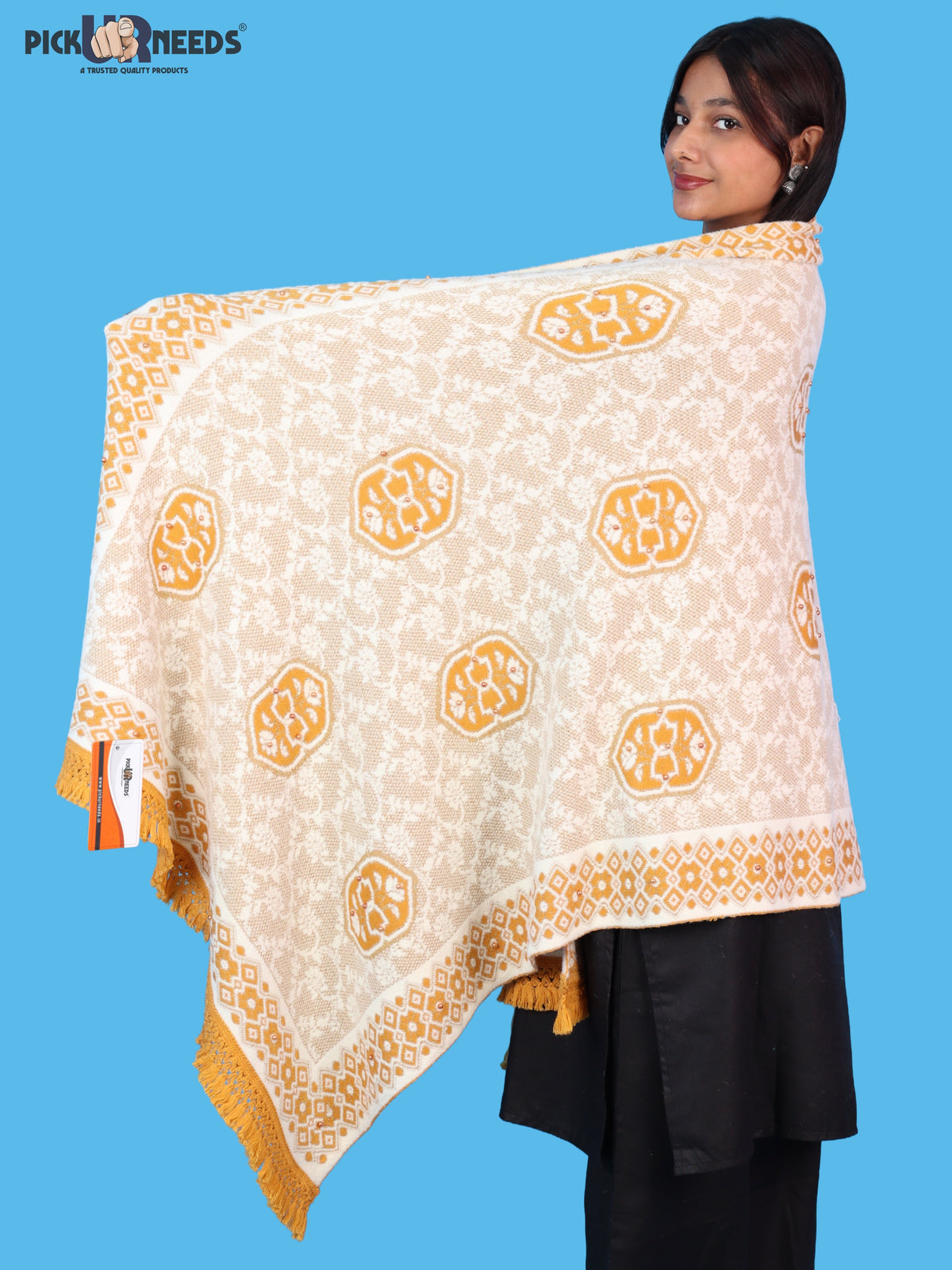Pick Ur Needs Printed Women’s Woolen Shawl with Elegant Floral Pattern & Fur Border