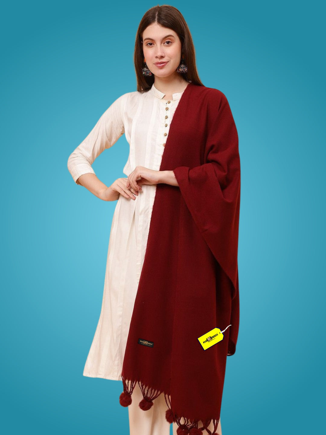 Pick Ur Needs Premium Women’s Wool Blend Scarf Soft Woolen Shawl Winter Stole with Tassels & Pom Poms