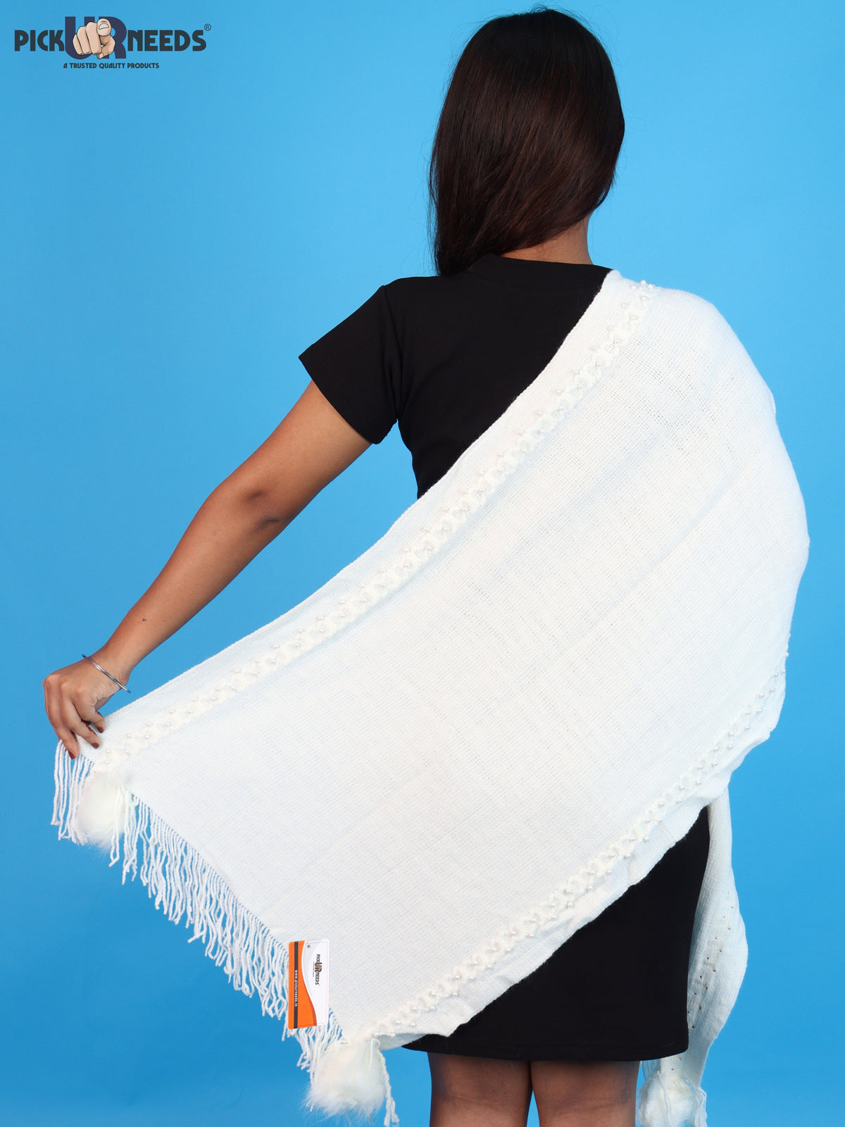 Pick Ur Needs Women & Girls Elegant Woolen Shawl with Beaded Border & Fringed Ends, Soft Warm Lightweight Winter Wrap Stole