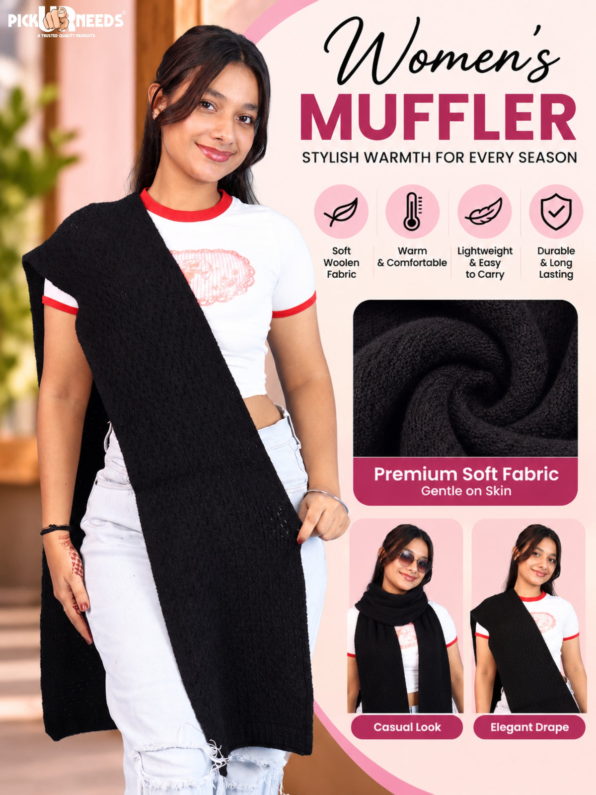 Pick Ur Needs Womens Soft Muffler Scarf, Lightweight Knitted Winter Stole, Warm & Cozy Long Neck Wrap for Women & Girls