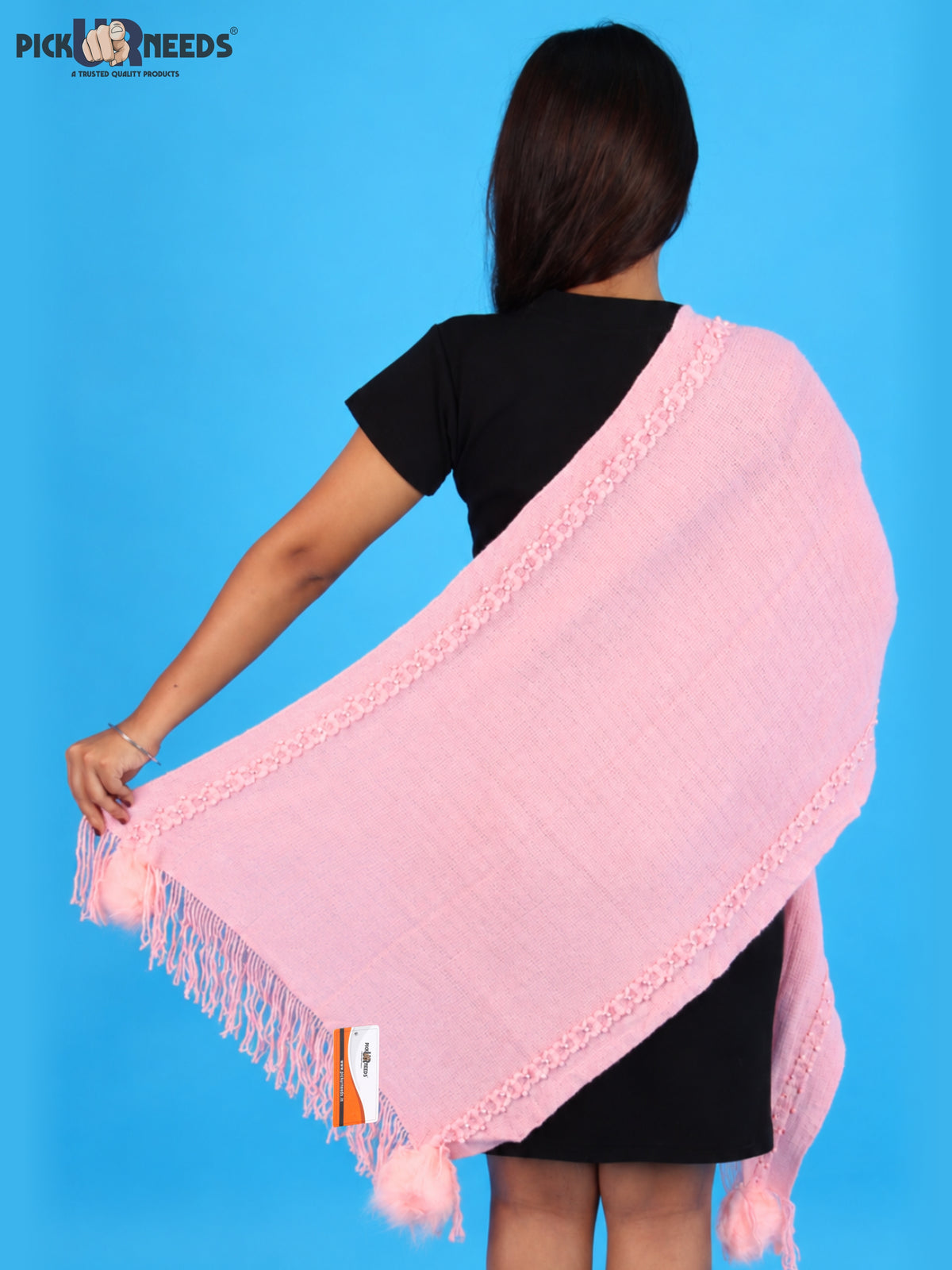 Pick Ur Needs Women & Girls Elegant Woolen Shawl with Beaded Border & Fringed Ends, Soft Warm Lightweight Winter Wrap Stole