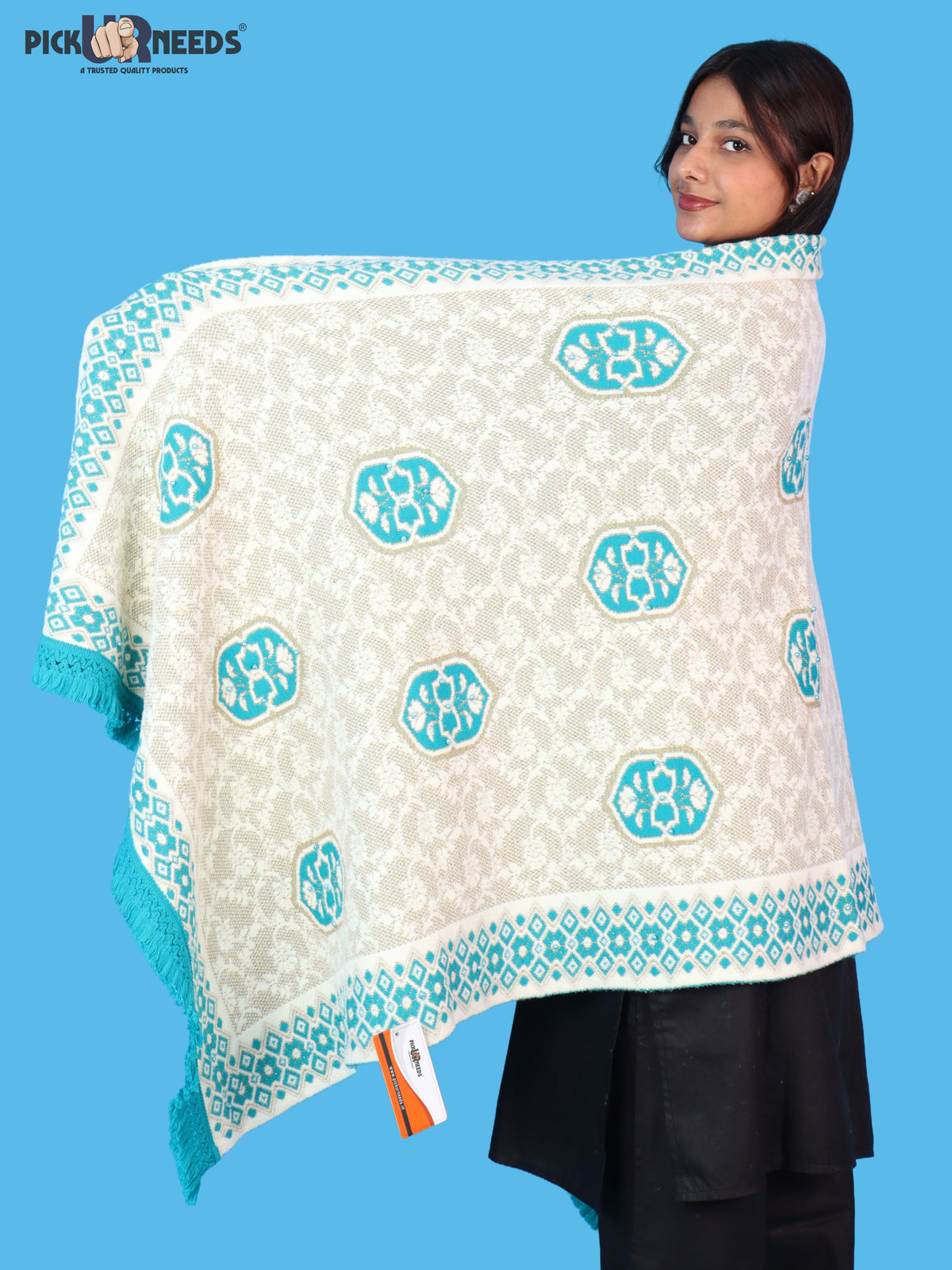 Pick Ur Needs Printed Women’s Woolen Shawl with Elegant Floral Pattern & Fur Border