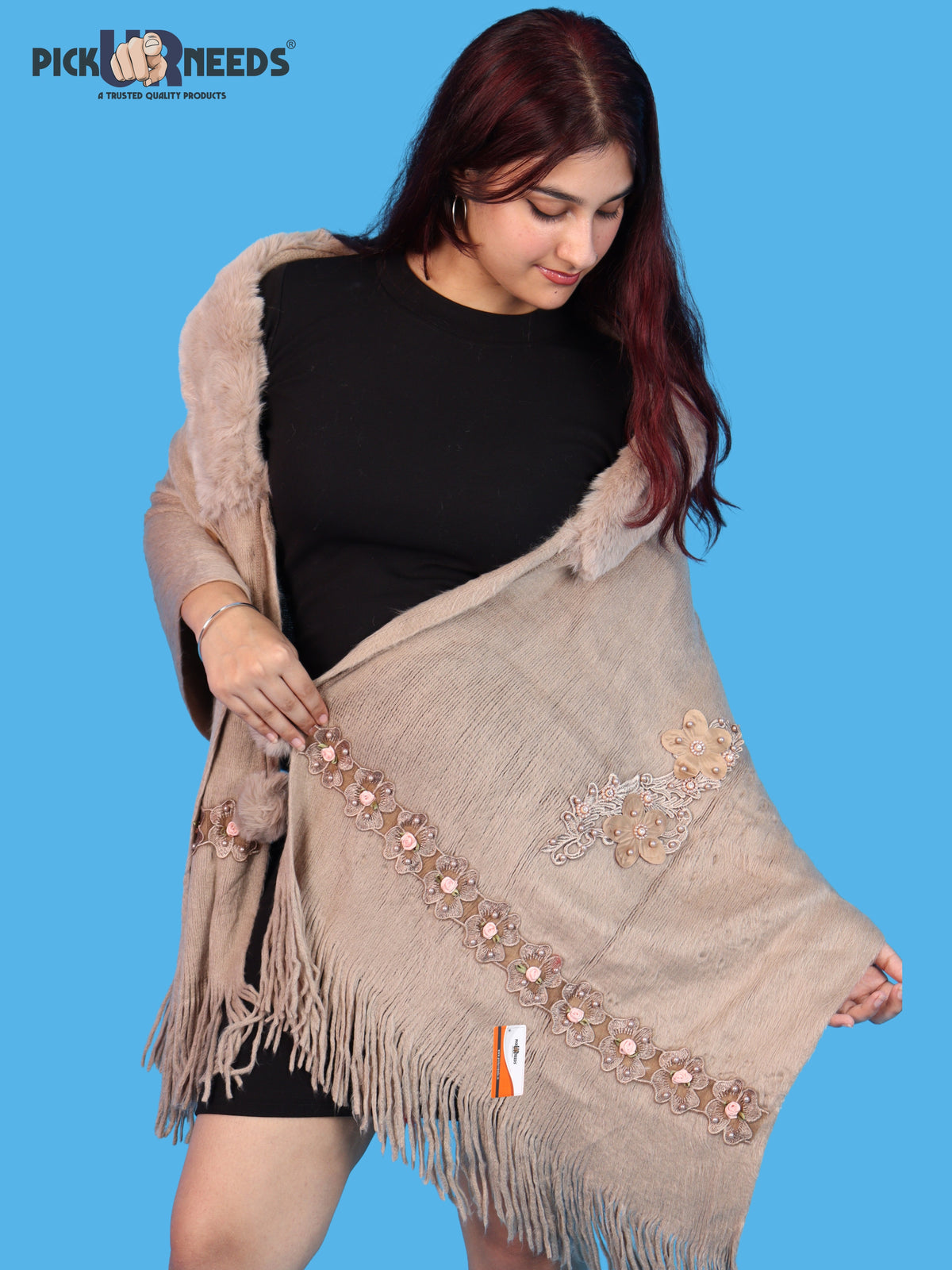 Pick Ur Needs Womens Premium Winter Shawl Shrug with Soft Fur Collar, Floral Embroidery, Pom-Pom Tie & Fringe Detailing Stylish Warm Wrap for Girls