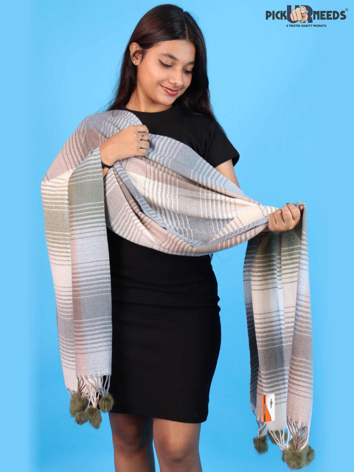 Pick Ur Needs Women & Girls Winter Shawl Soft Warm Striped Pattern Shawl with Tassel & Pom Pom Border Stylish Ladies Winter Wrap