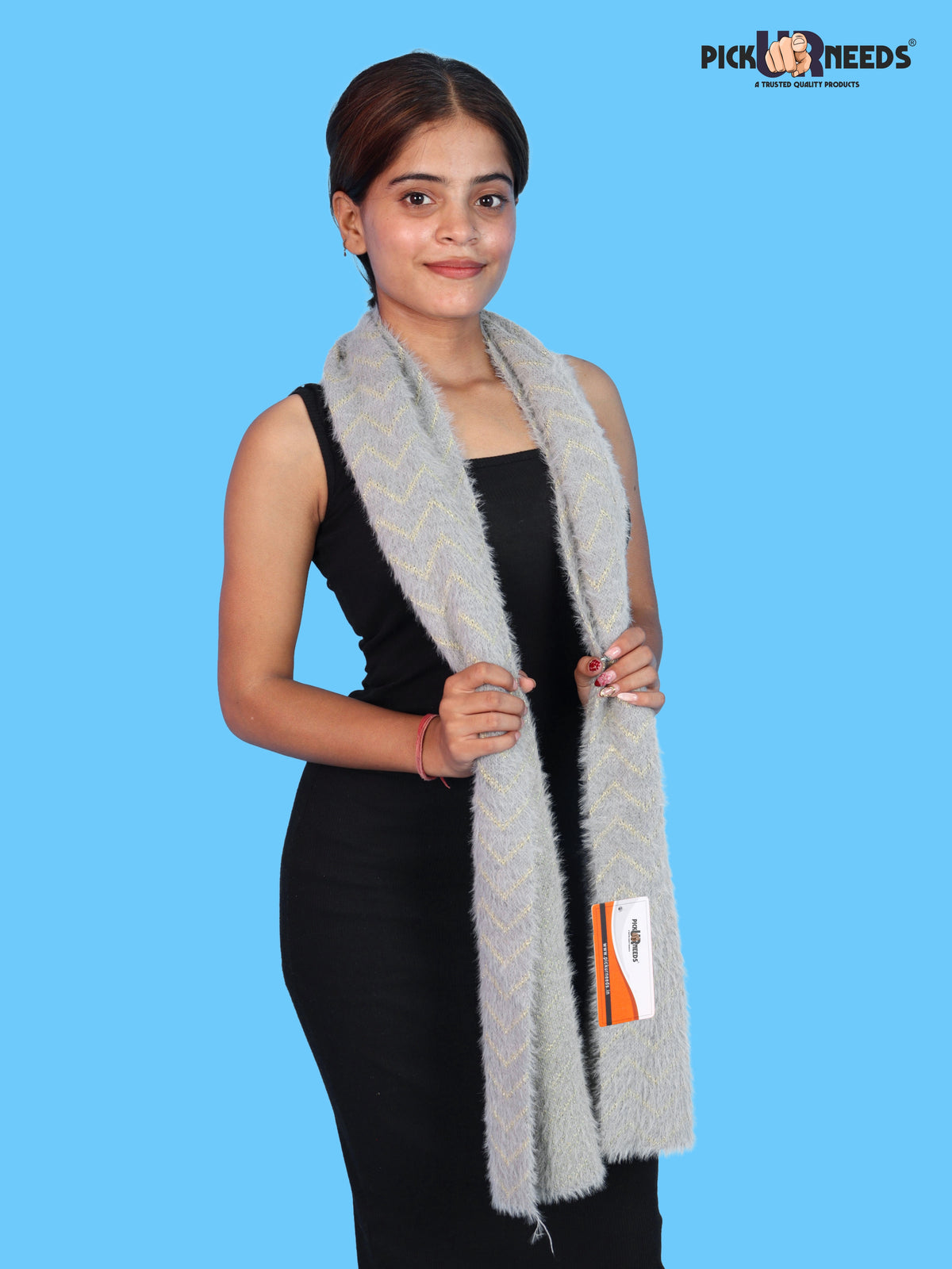 Pick Ur Needs Premium Woolen Winter Muffler with Gold Zigzag Pattern | Soft, Warm & Stylish Scarf for Women