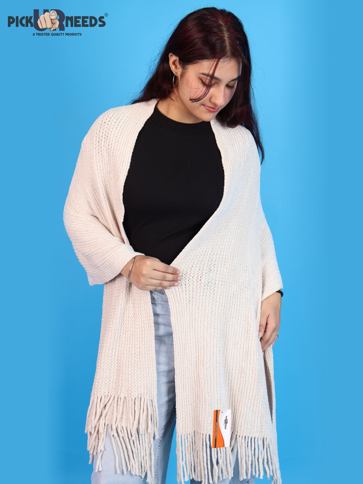 Pick Ur Needs Womens Winter shawl with Soft Plush Texture & Long Fringe Detailing Elegant Wrap for Ladies & Girls Cozy Seasonal Shoulder Cover for Casual, Ethnic & Western Outfits