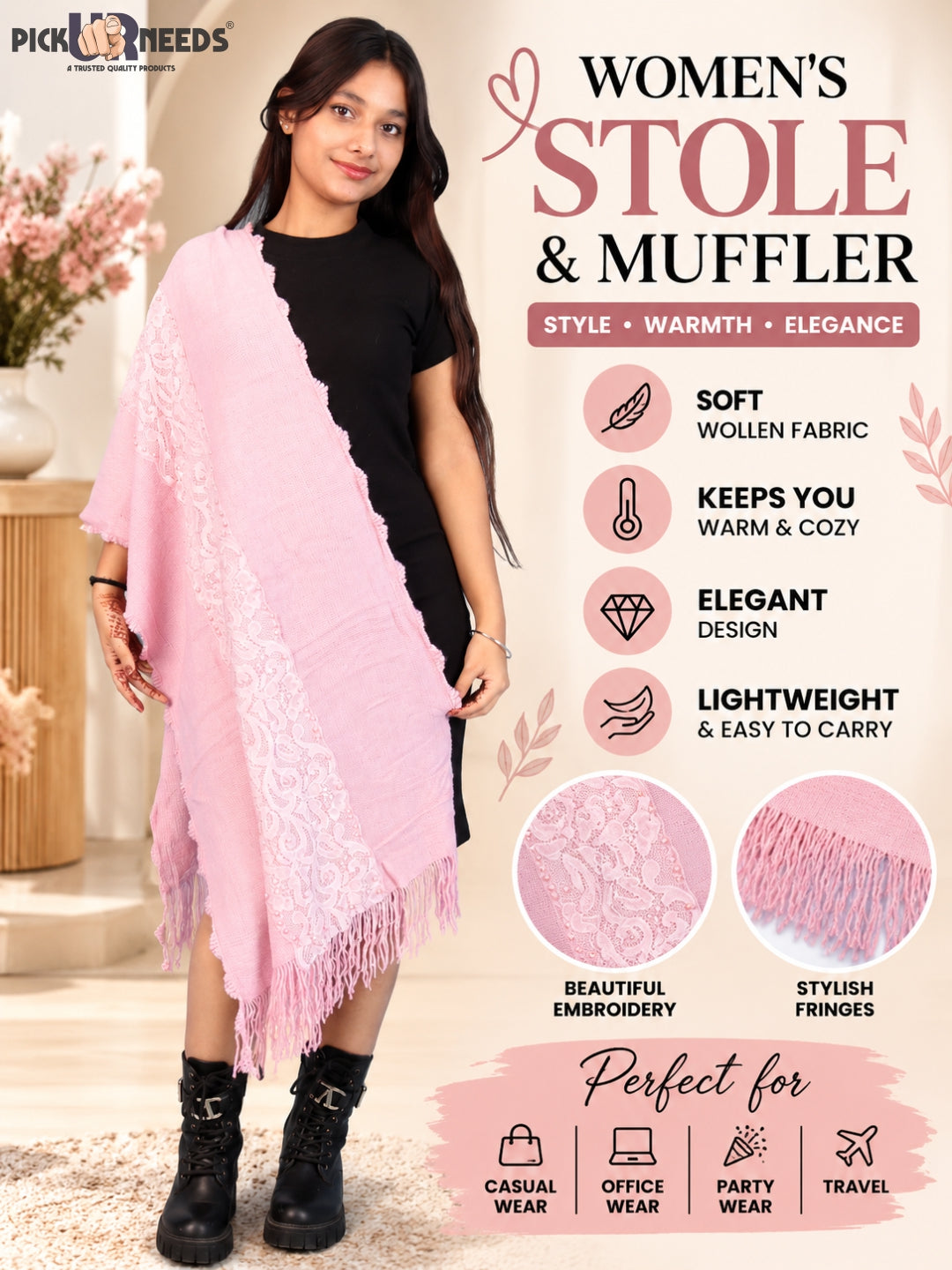 Pick Ur Needs Girls & Womens Shawl with Embroidered Lace Work, Bead Detailing and Fringe Tassels, Elegant Woollen Winter Stole