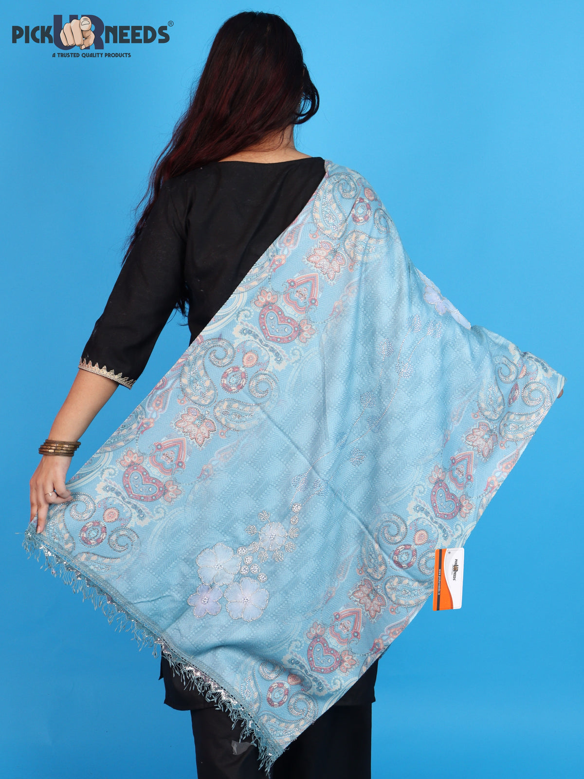 Pick Ur Needs Womens Designer Winter Elegant Floral Embellished Paisley Print Girls Shawl with Decorative Fringe Border
