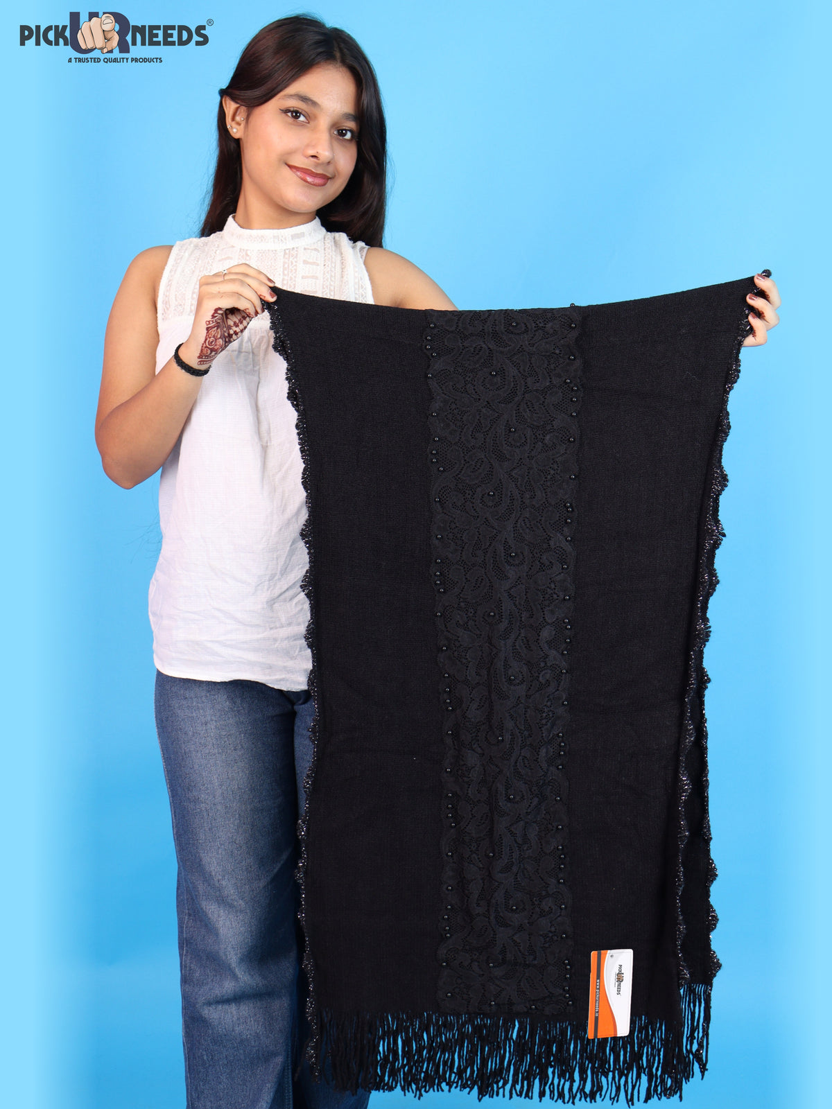 Pick Ur Needs Girls & Womens Shawl with Embroidered Lace Work, Bead Detailing and Fringe Tassels, Elegant Woollen Winter Stole